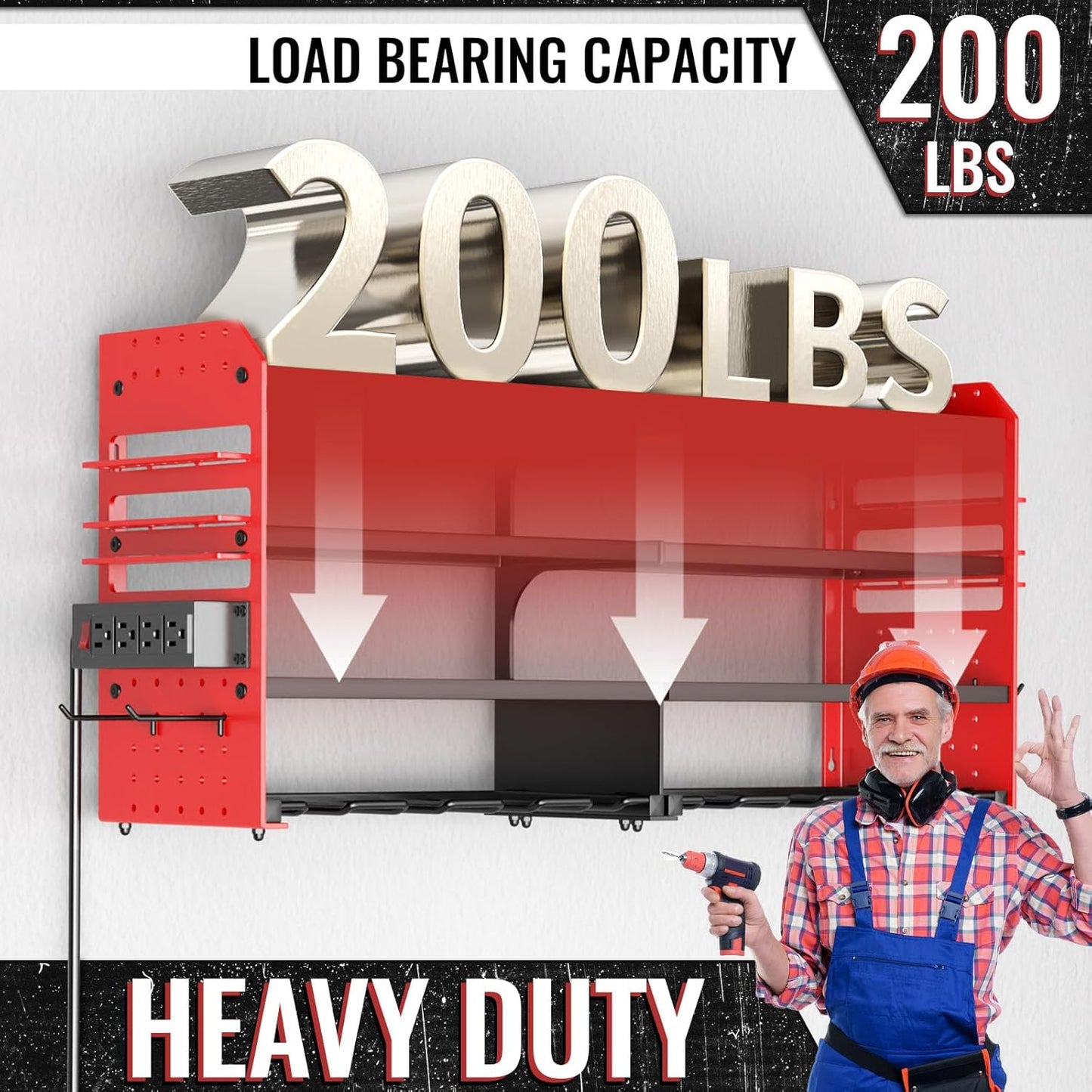 Large Power Tool Organizer Wall Mount with Charging Station, 4 Layer Heavy Duty Metal Cordless Tool Organizer, Tool Storage Rack with 8 Cordless Drill Holder Screwdriver Hammer(Red)