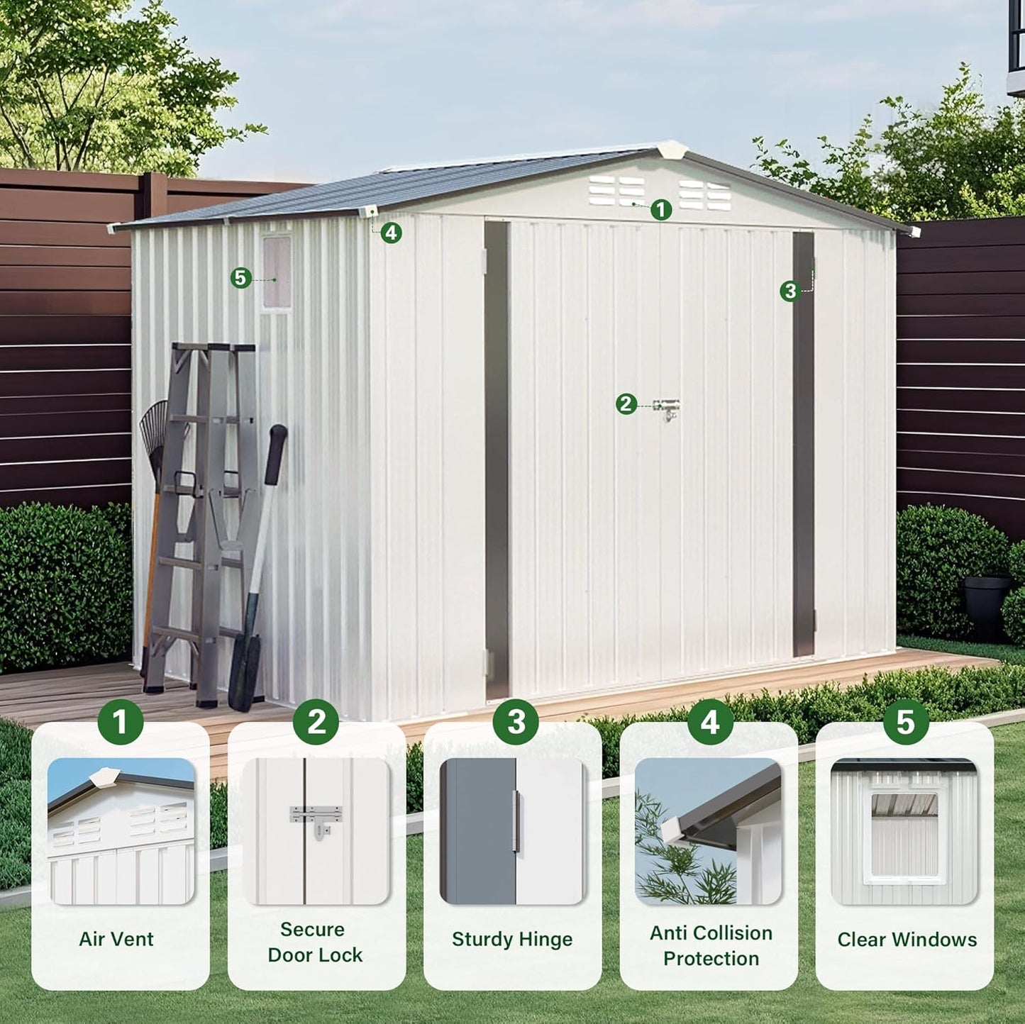 8x6 FT Outdoor Storage Shed with Windows, Metal Sheds & Outdoor Storage with Lockable Door and 4 Vents, Outside Storage Shed Waterproof for Backyard, Patio, White+Gray