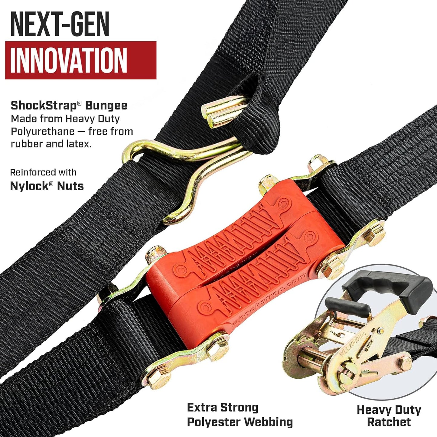 Ratchet Strap, 9' x 2" Shock Absorbing Heavy Duty Tie downs for Cargo, 2,000 LB WLL / 6,000 LB Break Strength, 4-Pack