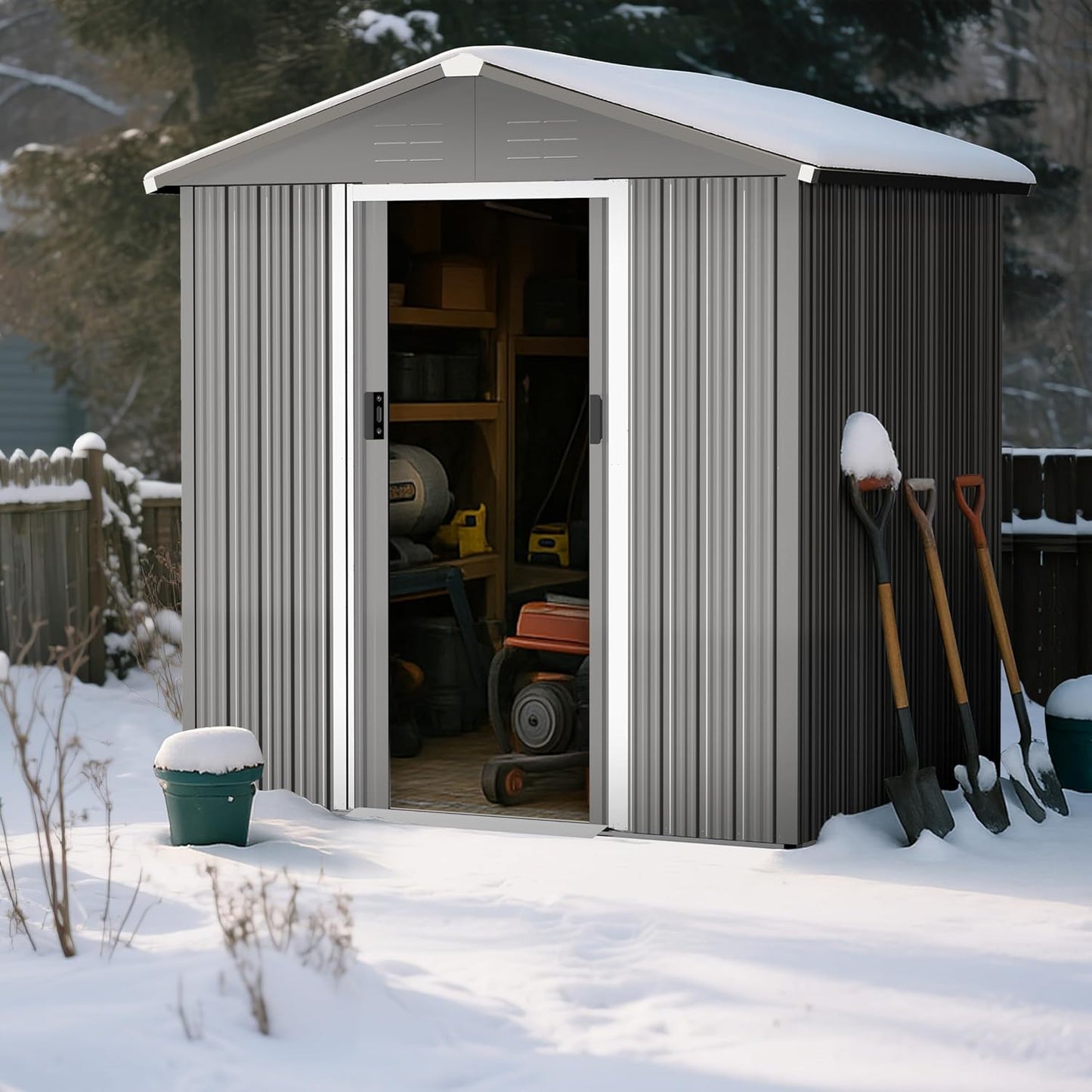 Nuu Garden 6 x 4 FT Outdoor Storage Shed with Sliding Doors, Galvanized Metal Garden Shed with Sloping Roof, Anti-Corrosion Outdoor Tool Shed with Air Vents for Backyard, Patio, Lawn, Gray