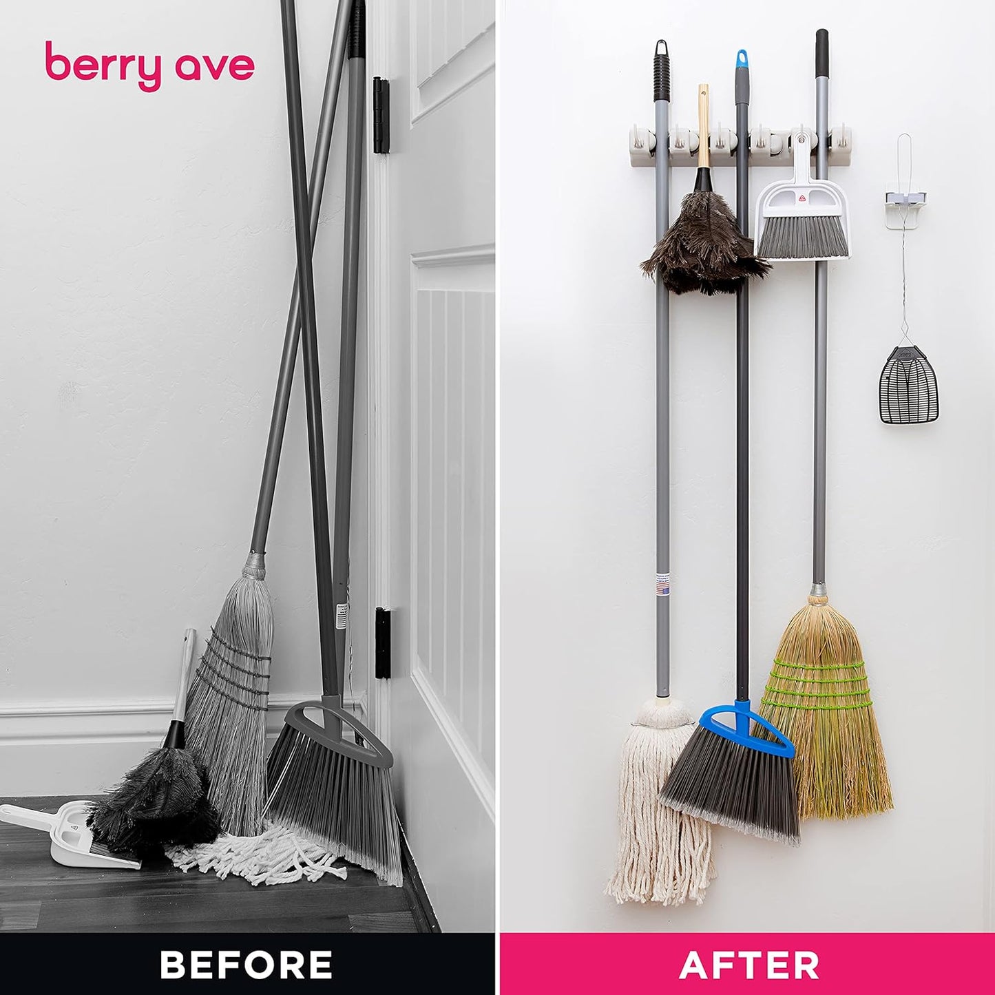 Broom Holder Wall Mount and Garden Tool Organizer, Closet Storage, Kitchen Rack, Home Organization and Garage Organizer for Rake or Mop Handles Up to 1.25-Inches, Hanger Plus 6 Hooks (BEIGE, 1 PACK)