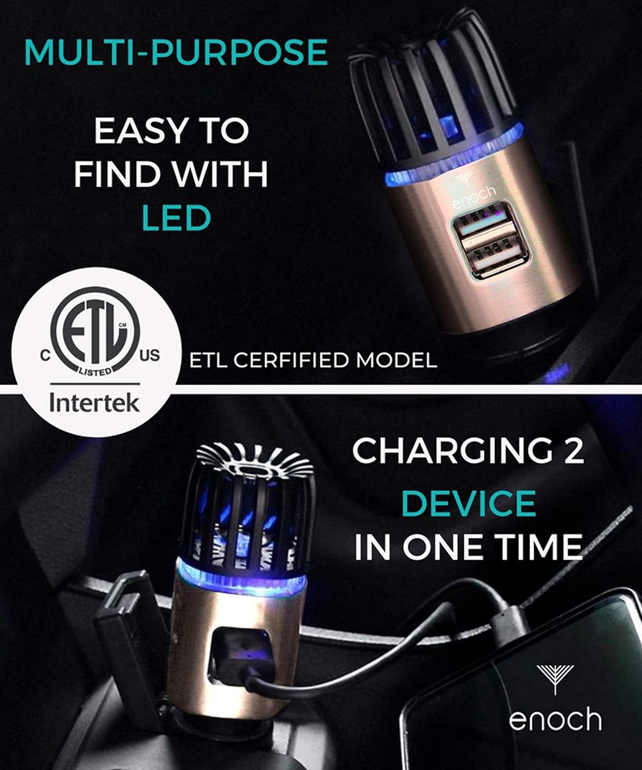 Enoch Car Air Purifier Premium Air Ionizer - 12V Plug-In Ionic Ozone Deodorizer Accessory with Dual USB Car Charger - Eliminates Cigarette Smoke, Pet and Food Odors, Dust (Rose Gold)
