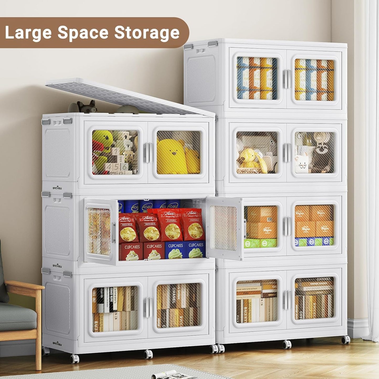 660 Qt Stackable Storage Bin with Lid, 165Gal Extra Large Collapsible Storage Boxes, Folding Plastic Drawer, Heavy-Duty Store Cabinet, Closet Organizer for Home Kitchen, 3 Pack White