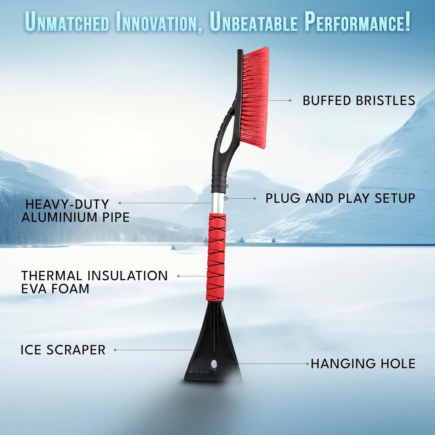 EcoNour 27" Aluminum Car Snow Scraper and Brush (Red) | Scratch-Free Weaved Bristle Head with Metal Body Ice Scraper for Car Windshield | Tough Ice Scraper with Ergonomic Foam Grip for Cars | 1 Pack