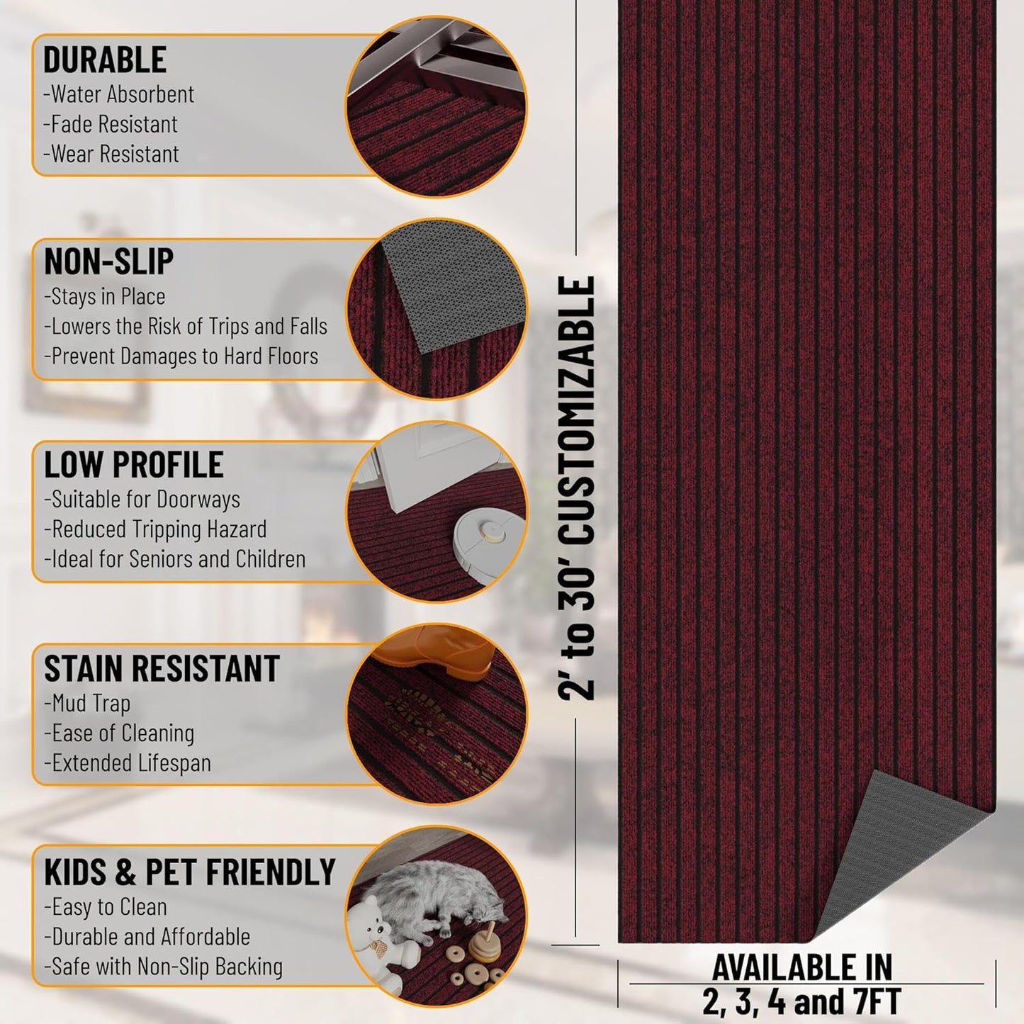 Ottomanson 2'7" x 6' Hallway Runner with Scraper Pile Extra Durable Non-Slip Rug Mat for Indoor & Outdoor Use - Ideal for Kitchen, Entryway, Patio & Garage - High-Traffic Carpet, Red