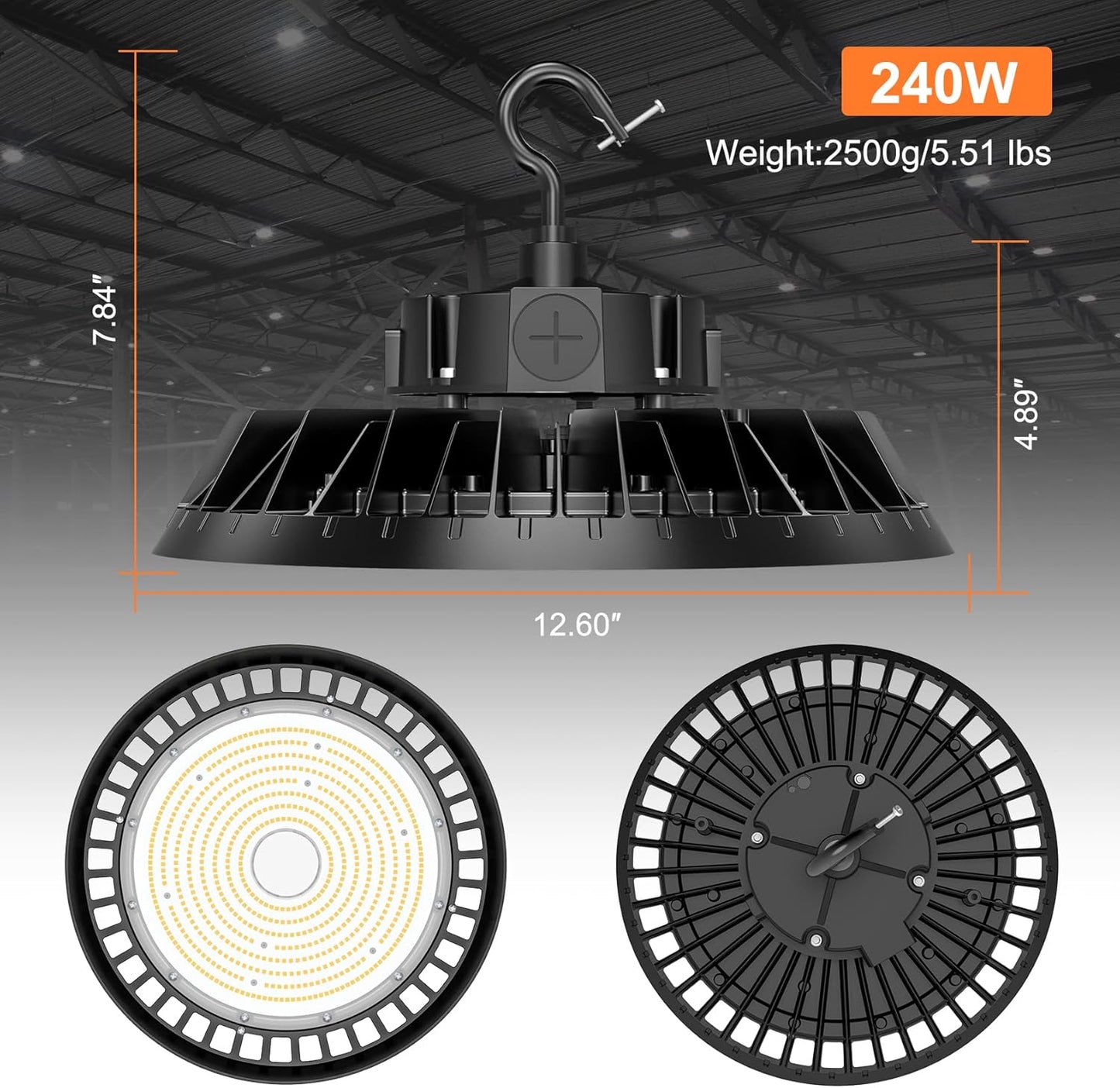 9Pack LED High Bay Lights, 240W UFO High Bay LED Shop Lights, 36000LM Adjustable CCT(5700K 5000K 4500K) & Power(240W 200W 150W), 0-10V Dimmable, 5' Cable Plug, IP65 Waterproof, ETL & DLC Listed