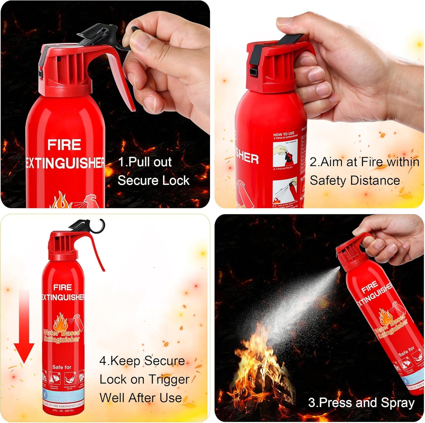 Fire Extinguisher for Home with Mount, 4 Pack Upgraded 8-in-1 Portable Fire Extinguishers For Vehicle Car Boat Marine Kitchen Emergency Supplies, Water-Based Extinguisher For A, B, C, K Fire Types