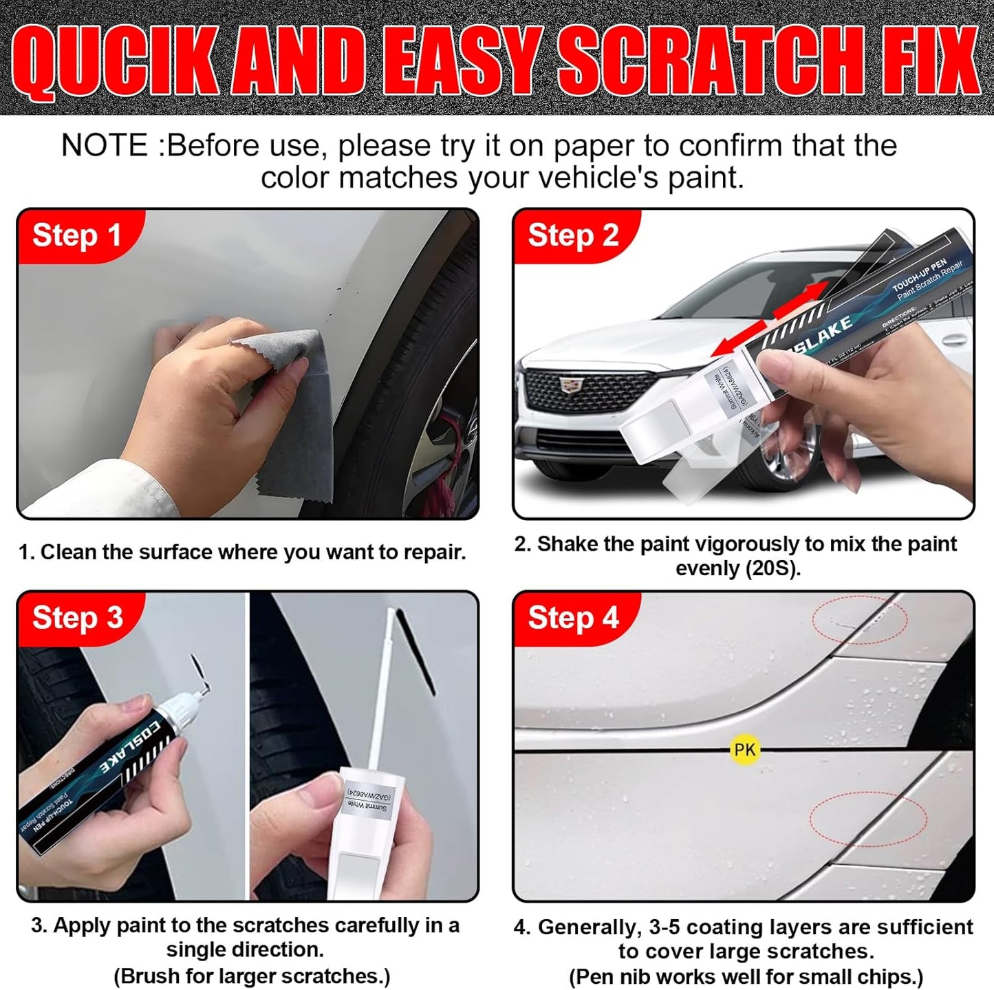 Car Touch Up Paint(Crystal White Tricoat(G1W/WA140X)) for Cadillac, Car Paint Scratch Repair Kit, Quick & Easy Solution to Repair, 2 in 1 Scratch Remover Pen with 2PCS Disposable Micro Applicators