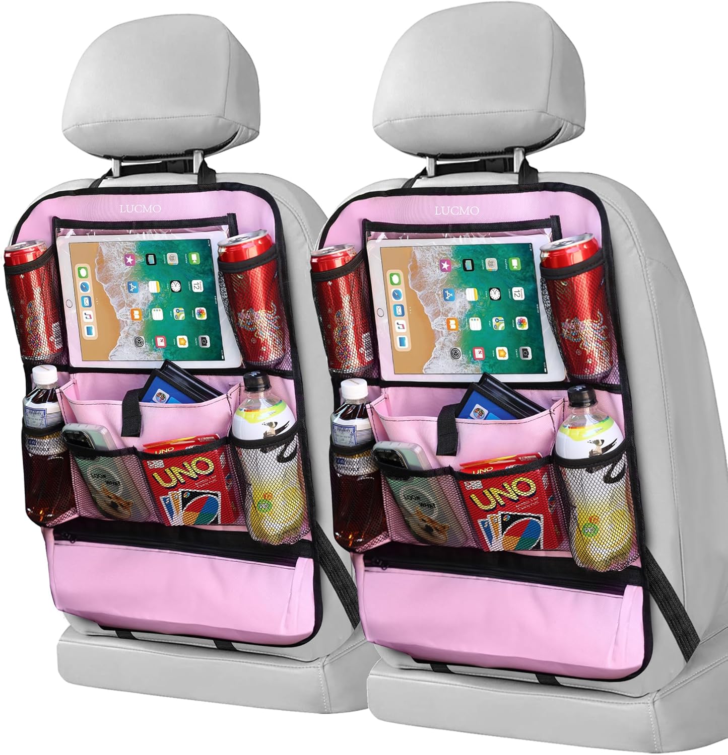 LUCMO Car Backseat Organizer with Touch Screen Tablet Holder-2 Pcs,9 Storage Pockets Car Storage Organizer Protectors Kick Mats Travel Accessories for Kids-Pink
