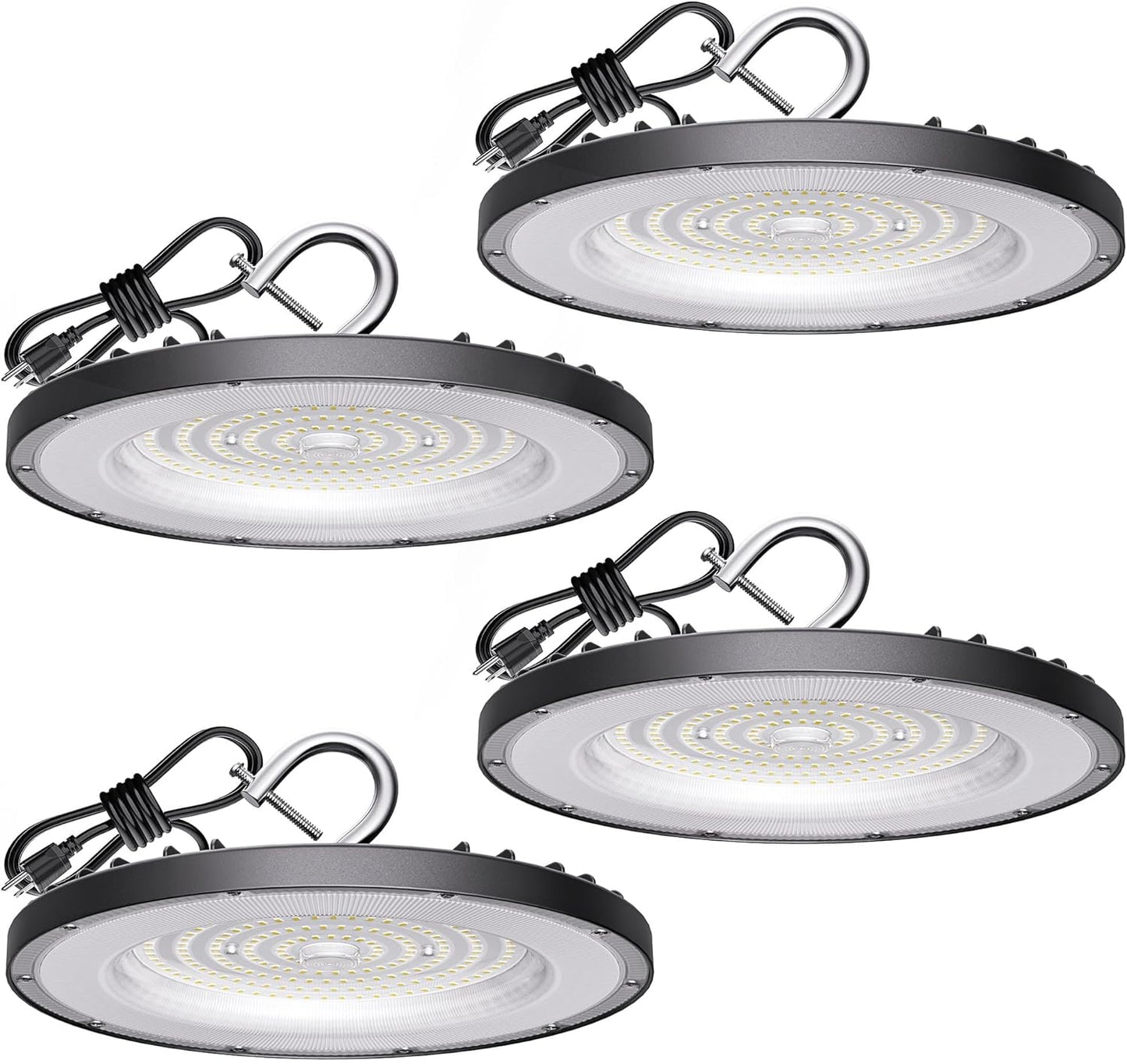 4 Pack UFO Led High Bay Light 150W(600W MH/HPS Equiv.), 21000lm, 4000K Daylight High Bay Led Light with 5' Cable US Hook, IP65 Waterproof Commercial Light Fixture for Warehouse Workshop Barn Factory