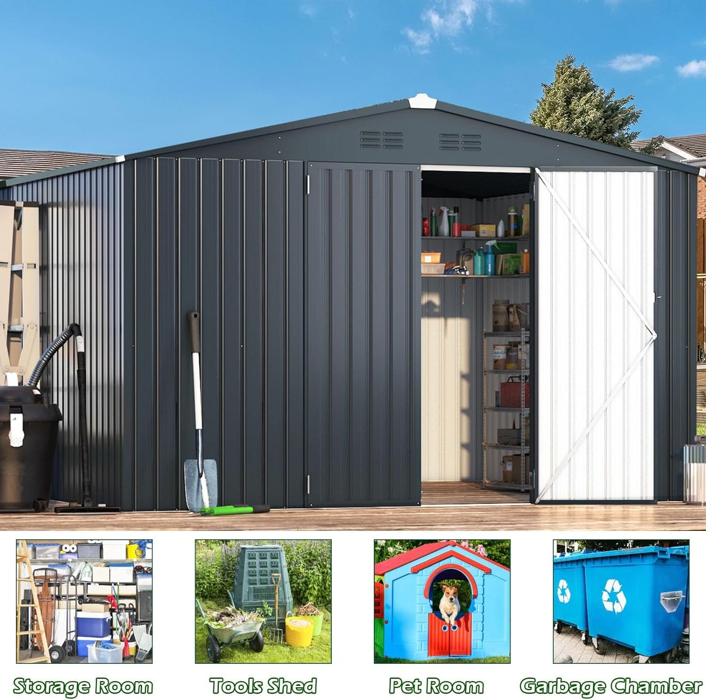 AECOJOY Shed 10'x10' Storage Shed, Large Metal Storage Sheds & Outdoor Clearance, Steel Backyard Shed with Lockable Doors, Utility and Tool Storage for Garden, Patio, Outside Use in Dark Grey