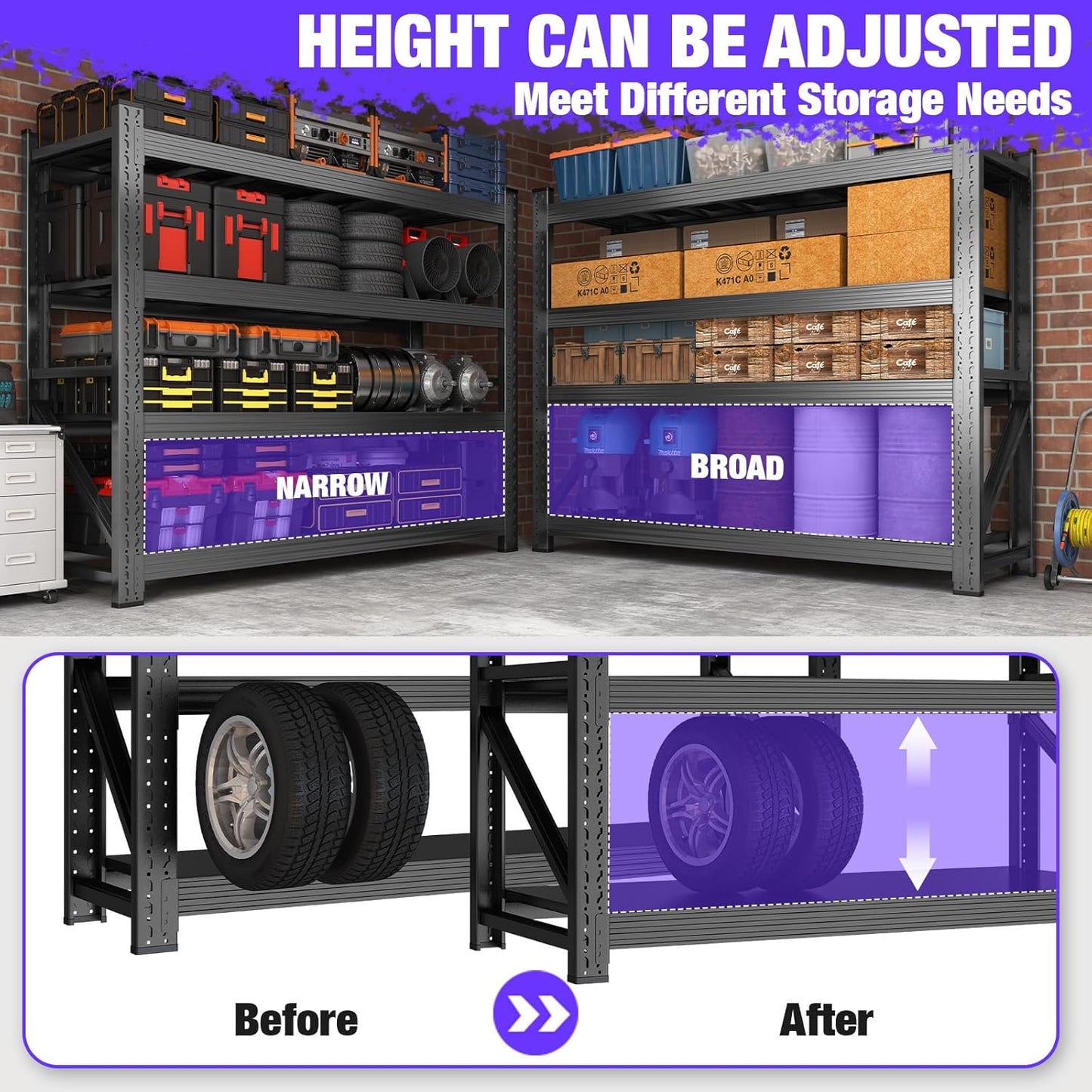 Metal Garage Shelving Heavy Duty, 4-Tier Adjustable Wire Storage Garage Shelves, 6000 LBS Loads Industrial Shelving Units for Garages, Warehouses, Kitchen, Black, 59" W x 24" D x 59" H,4 Pack