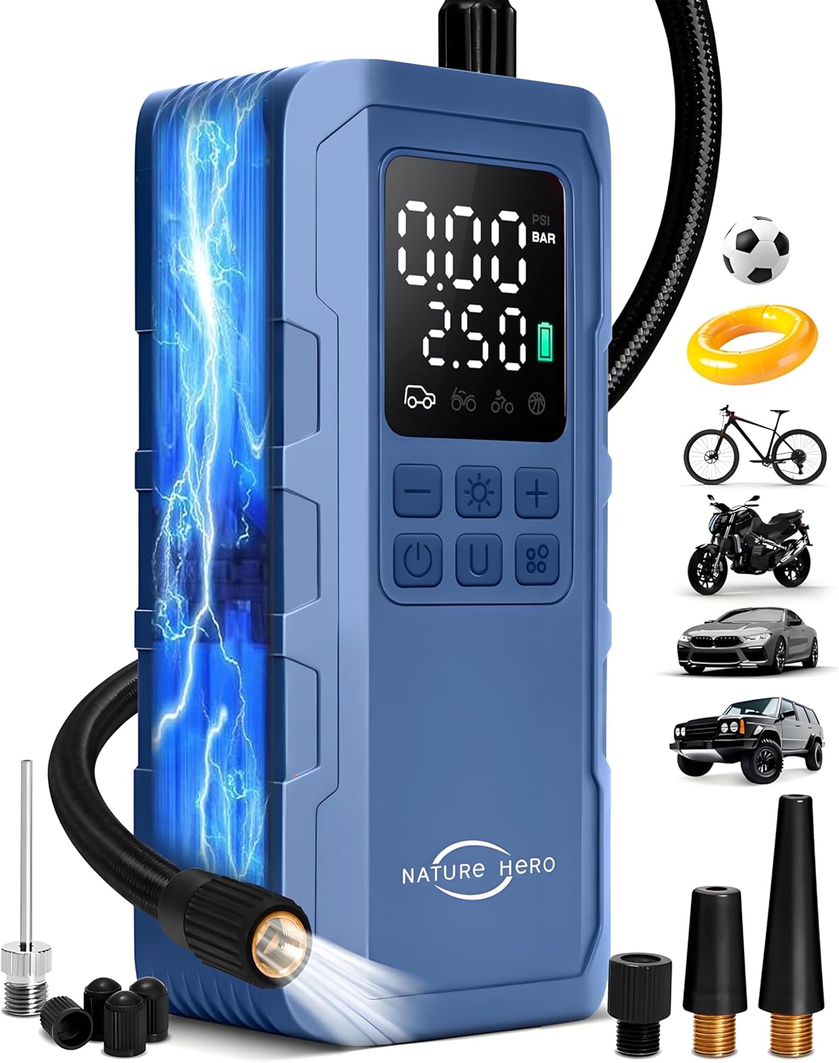 Tire Inflator Portable Air Compressor,150 PSI car tire air pump portable with Digital LCD Pressure Gauge,Electric Air Pump for Motorcycle Tires,Bicycle Tires and Balls,Blue