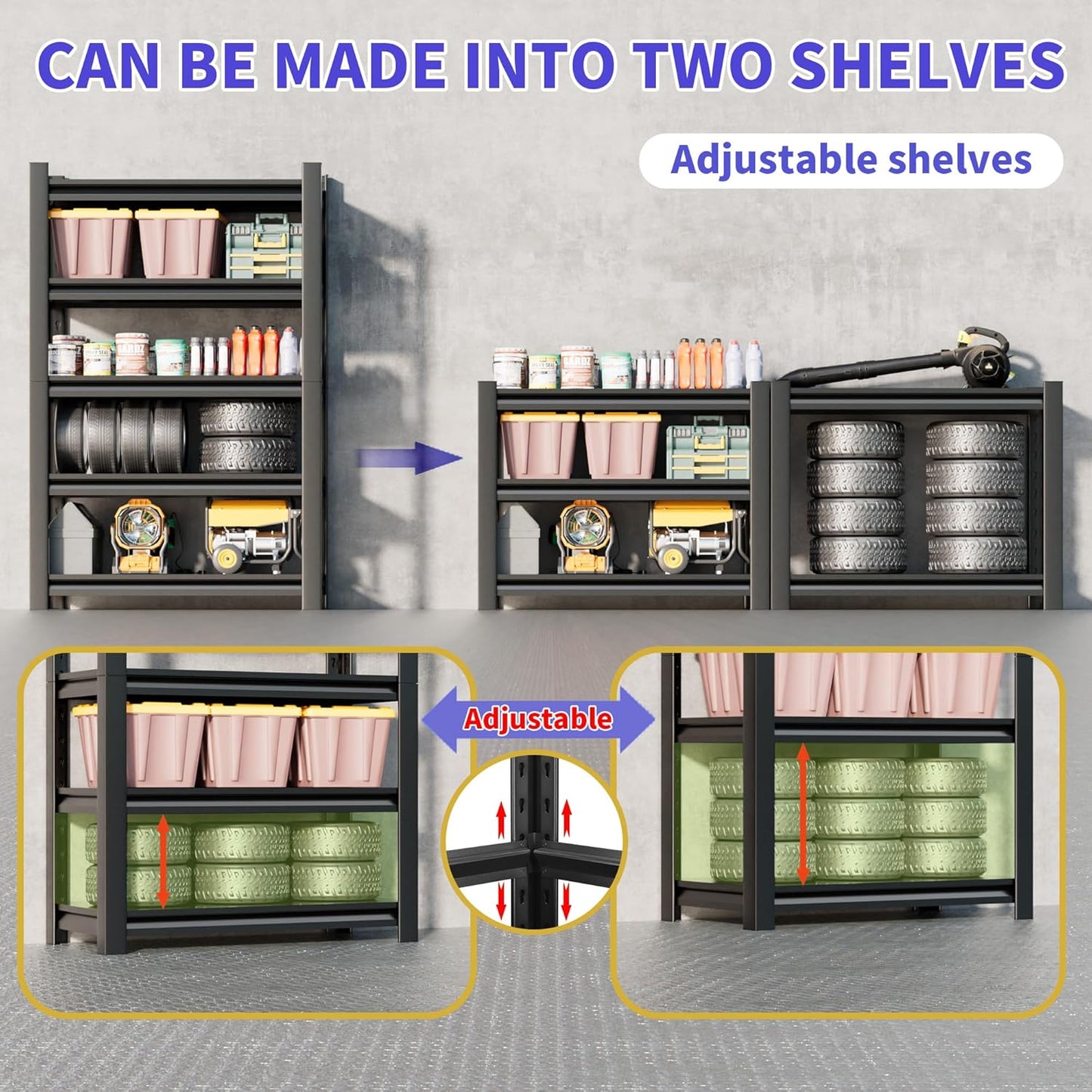 2 Sets Garage Shelving Unit 24" D x 48" W x 72" H Heavy Duty Storage Shelves Easy Assembly 5 Tier Adjustable Metal Shelving Utility Shelf Rack Garage Storage Organizer for Basement, Warehouse