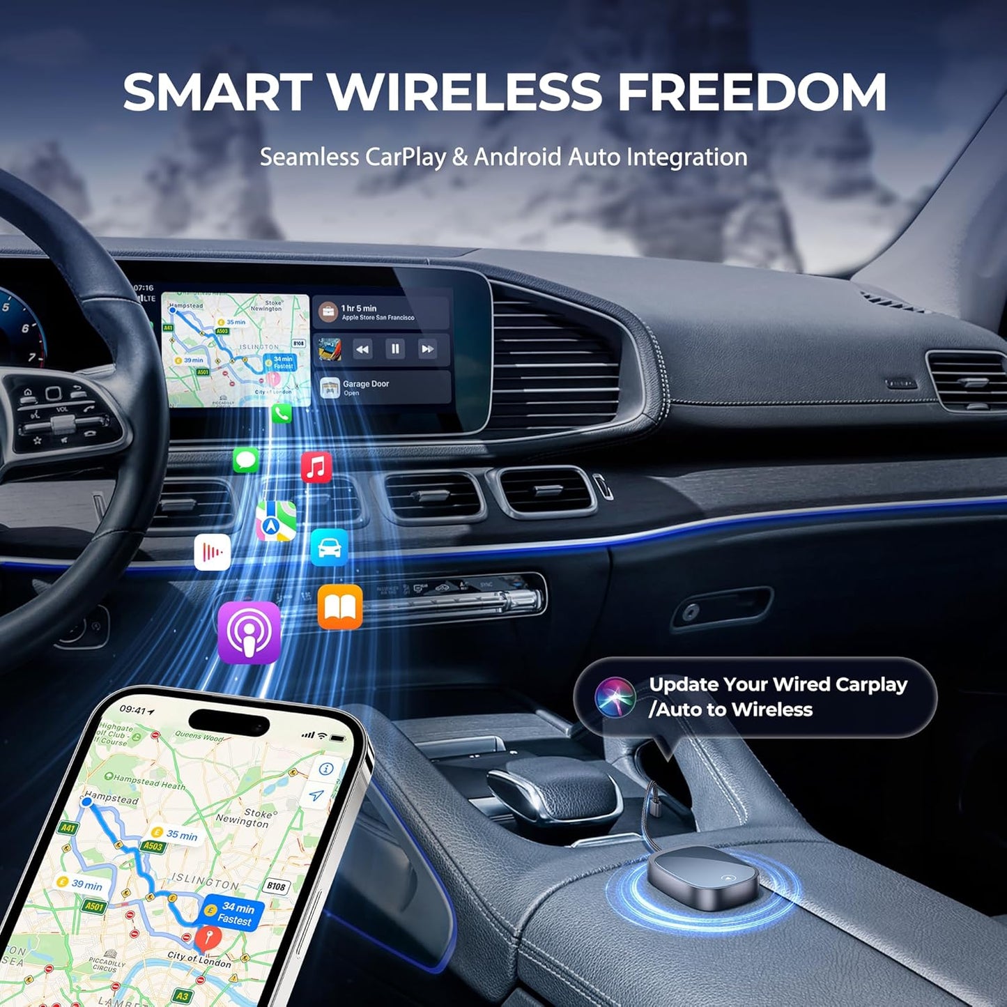 Wireless CarPlay/Android Auto Adapter 2 in 1 - Converts Wired Carplay & AndroidAuto to Wireless Plug and Play Car Play Wireless Adapter Compatible with iPhone 6+/iOS 10+ and Android 11+