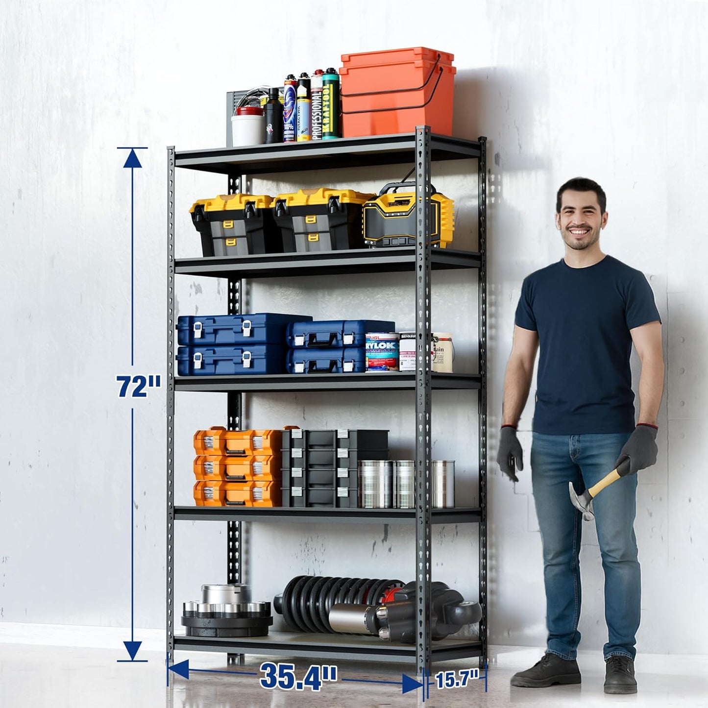 WORKPRO 5-Tier Storage Shelf, 72" H Heavy Duty Adjustable Garage Shelving Unit 2180LBS Capacity, for Basement, Kitchen, Pantry, 35.4”Wx15.7”Dx72”H, Black