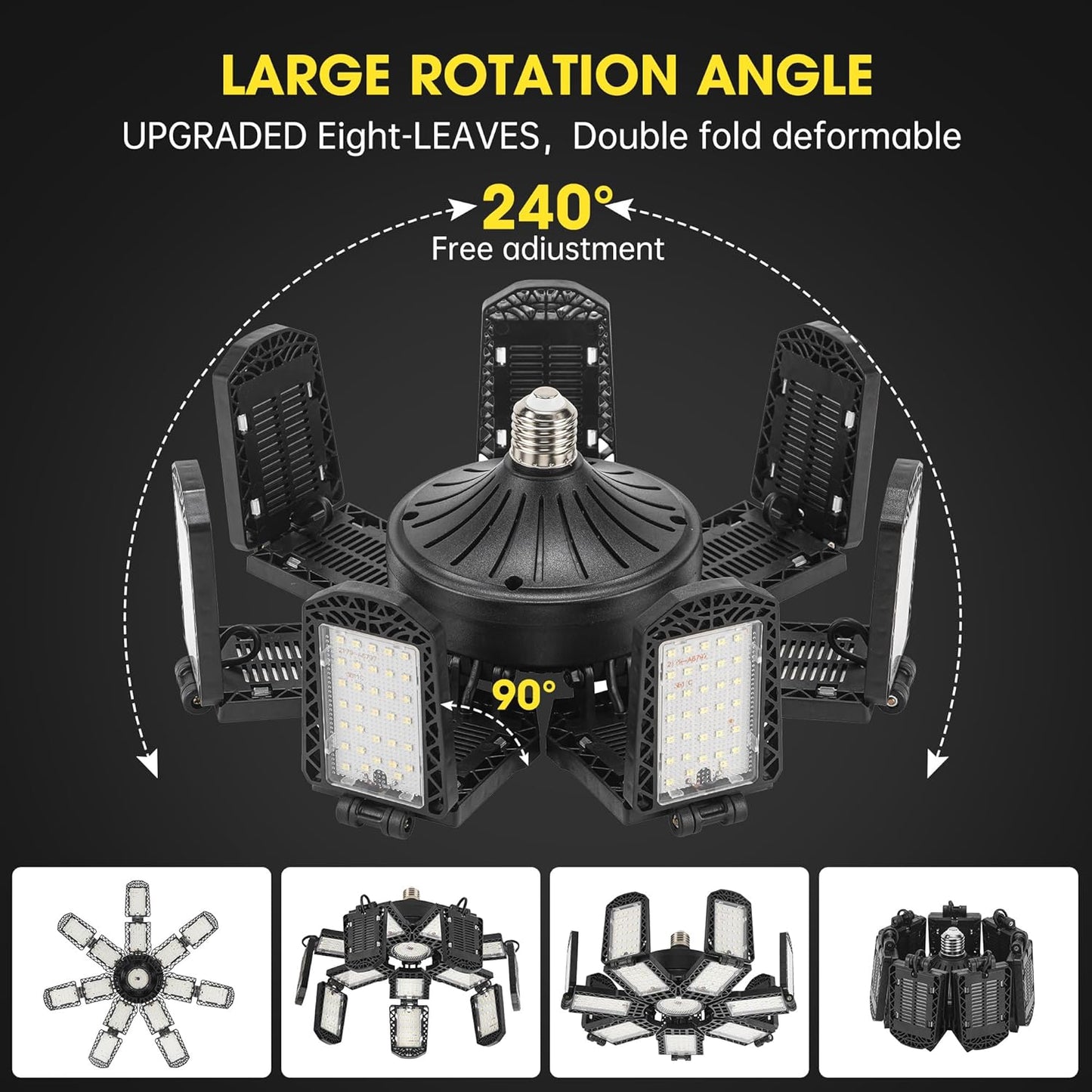 LED Garage Light,Super Bright Screw in E26/E27 Ceiling Shop Work Lamp, 300W 30000 Lumen Deformable Basement Bulb Fixture with 14+1 Adjustable Panels, Lighting for Workshop, Attic