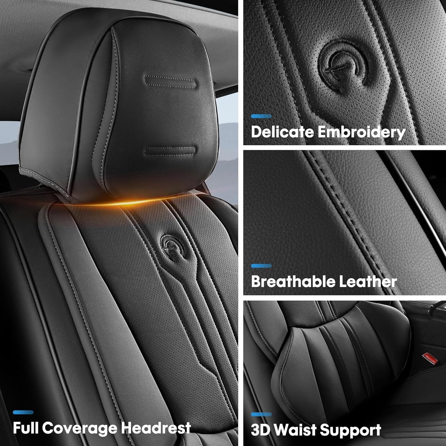 AOOG Front Seat Covers, Car Seat Covers Front Seats, Leather Seat Covers for Cars, Waterproof Seat Covers with Lumbar Support Universal Fit for Most Cars SUV Trucks(Front Pair, Black)