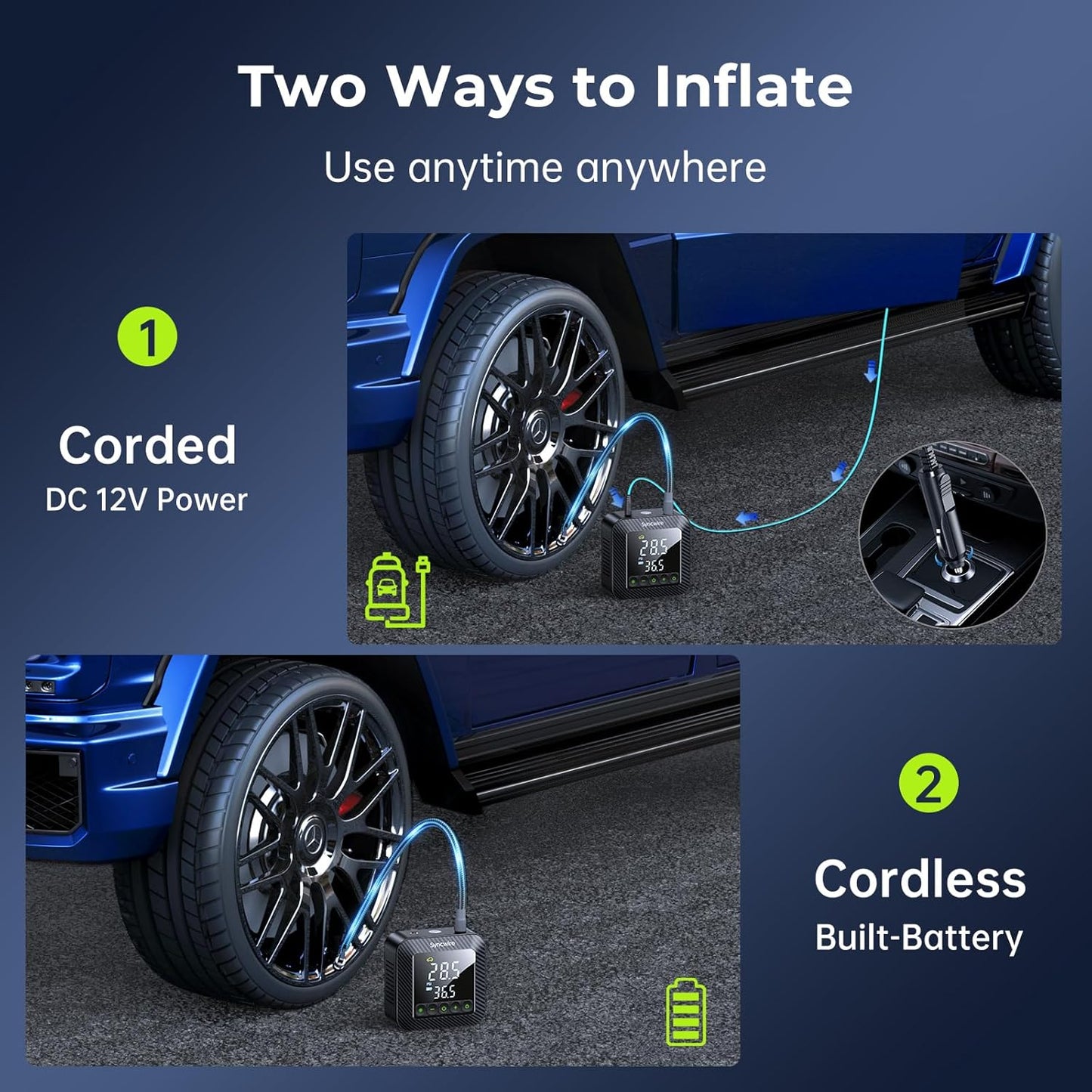 Syncwire Tire Inflator Portable Air Compressor 150PSI Air Pump for Car Tires [3X Faster] Inflation Electric Smart Tire Pump with Extra-Large LCD Dual Value Display [Free Car Tire Valve Caps], Auto-Off