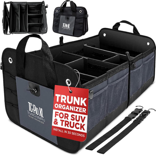 TRUNKCRATEPRO - XL Trunk Organizer For SUV, Car, Truck with 6 Compartments Adjustable Collapsible Portable Non-Skid Premium Cargo Storage Truck Organizer W Straps, Heavy Loads (Extra Large, Gray)
