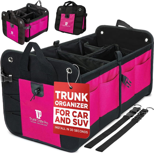 TRUNKCRATEPRO Pink Car Accessories For Women, Trunk Organizer For Car, Suv, Jeep Premium Adjustable Multi Compartments Collapsible (Large Capacity)