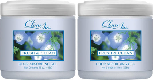 Clear Air Odor Absorber Gel - 15 oz, Pack of 2 - Air Freshener Absorbs and Eliminates Odors in Bathrooms, Cars, Boats, RVs and Pet Areas - Made with Essential Oils - Fresh & Clean Scent