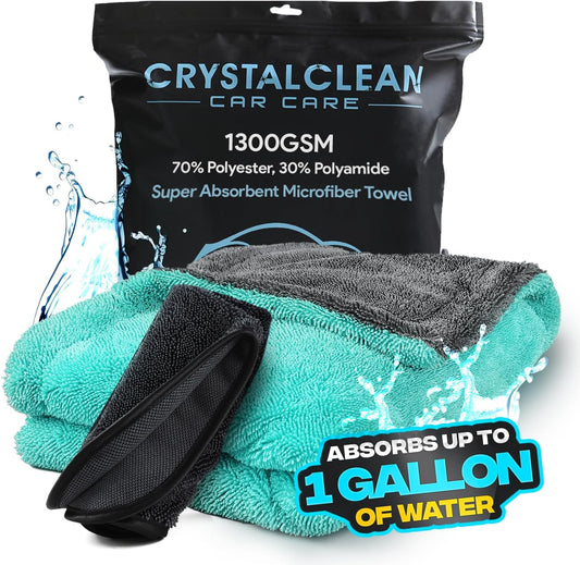 Microfiber Towels for Cars - 1300GSM X Large Size Double Twisted Loop 2pcs - 70/30 Blend Quick Dry High Absorbent Edgeless Streak Free - Car Drying Towel for Detailing 24x36″ & 12x12 (Grey+Green)