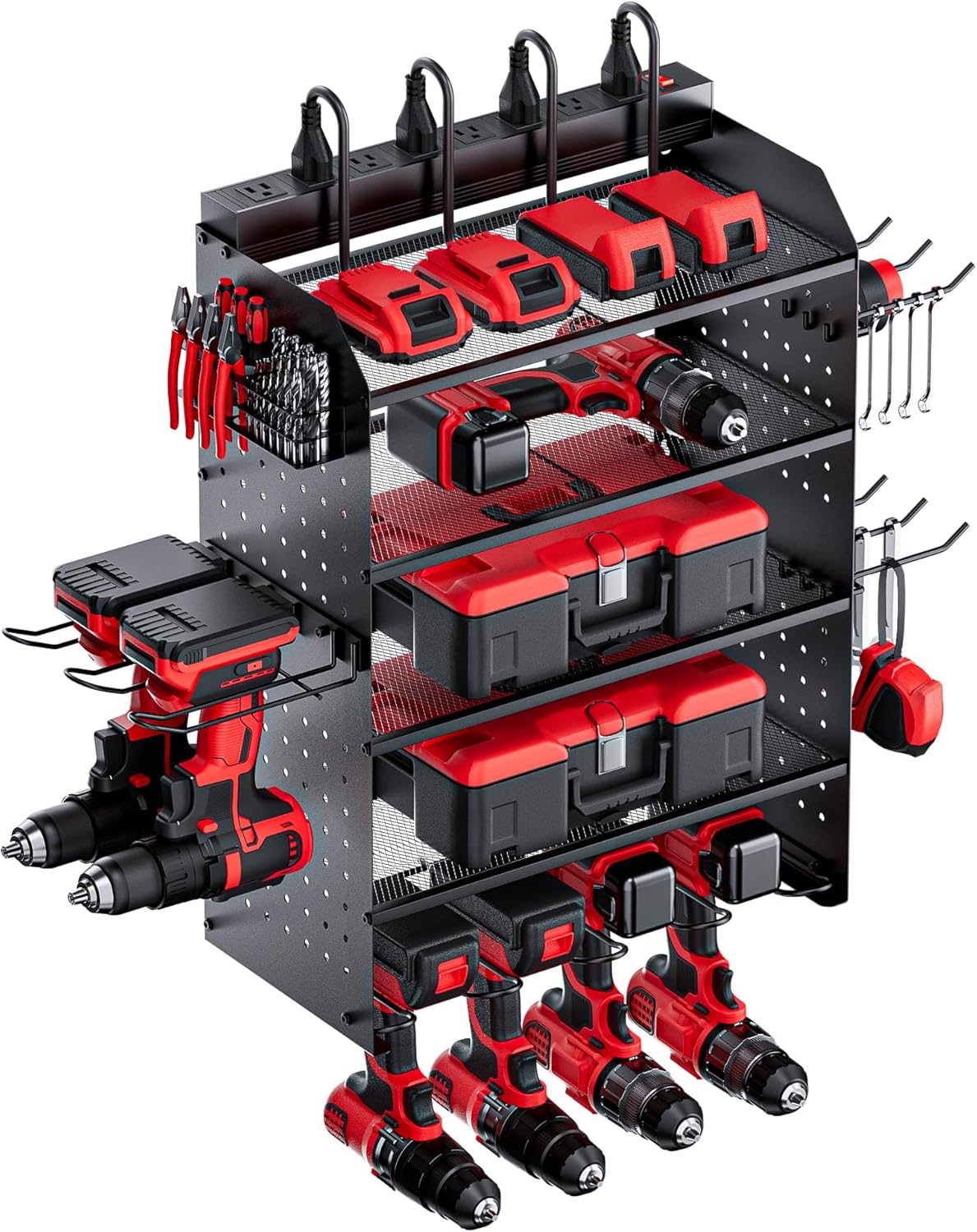 TRZZ Power Tool Organizer Wall Mount, 5-Layer Charging Station with 8 Outlets, 6 Drill Holders, 2 Side Pegboards, and Drill Bit Rack for Garage, Workbench, and Workshop (Black)