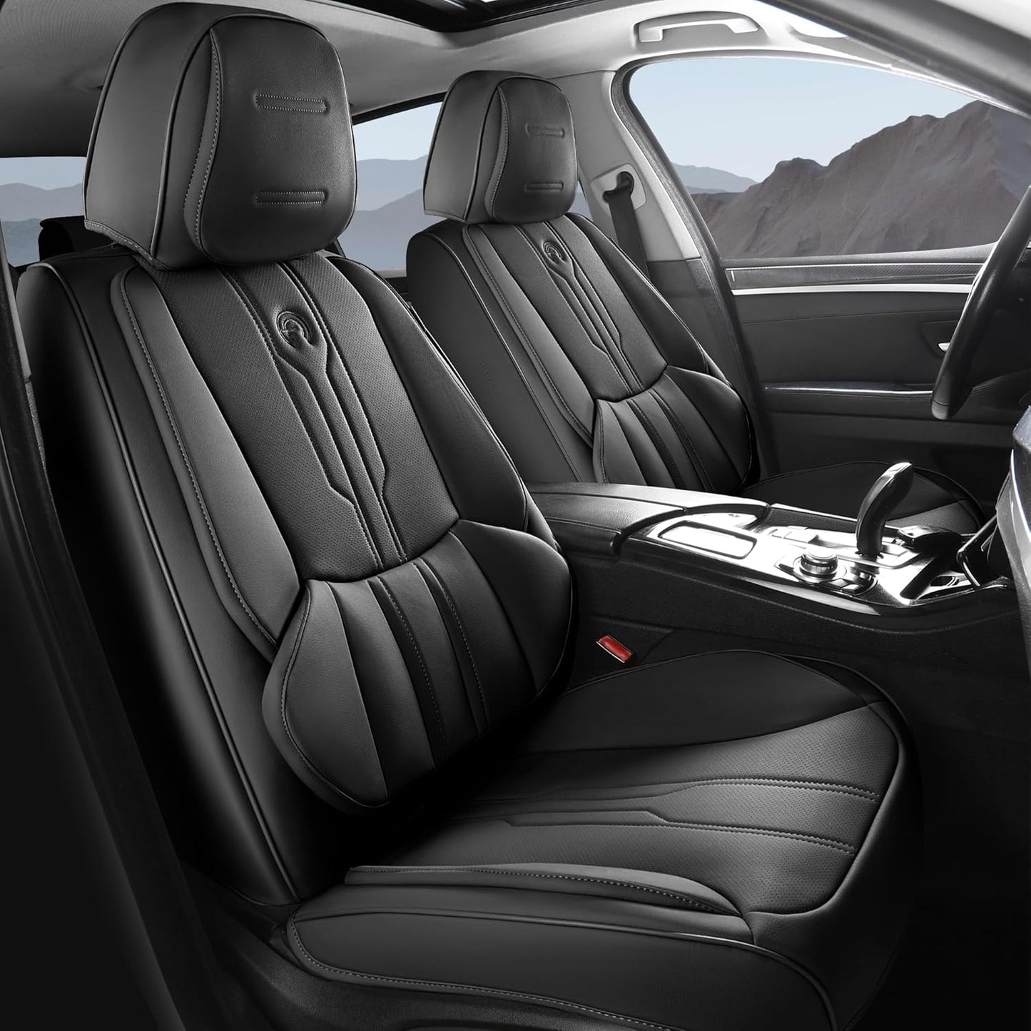 AOOG Car Seat Covers Full Set, Leather Seat Covers for Car, Waterproof Car Seat Protector with Lumbar Support, Automotive Seat Covers Universal Fit for Most Cars SUV Trucks (Full Set, Black)