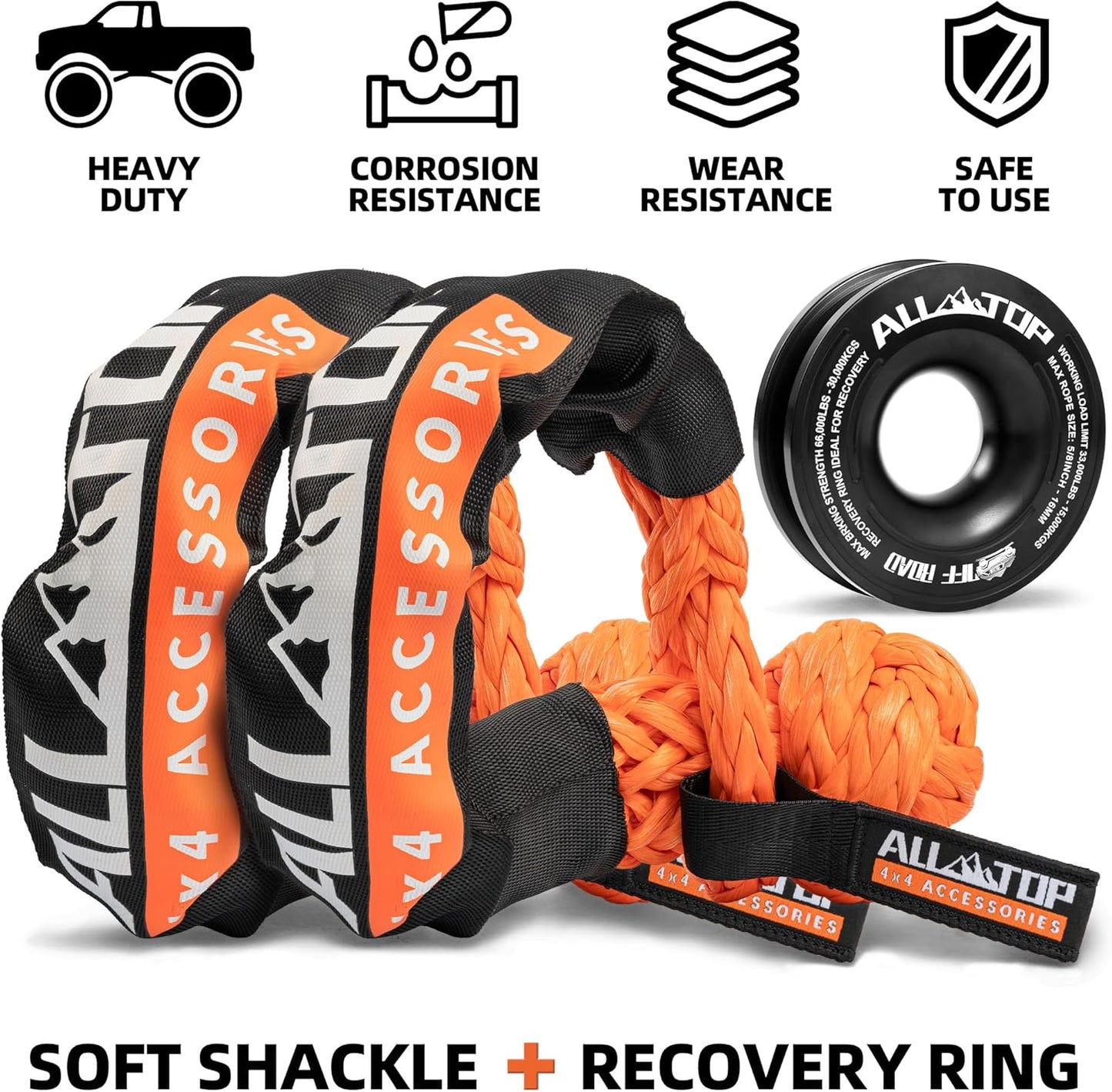 ALL-TOP Synthetic Soft Shackle & Recovery Ring Kit (2PCS 1/2in x 22in - 48300LBS Shackles + 1 Snatch Pulley Ring) for Winch Tackle Pulley System
