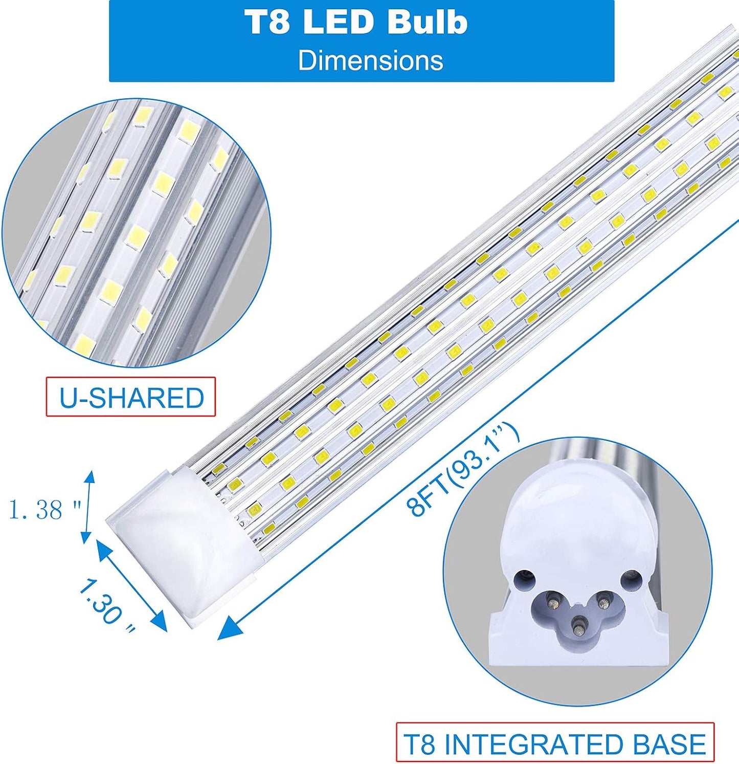 (6-Pack, 8FT LED Shop Light, U Shape Integrated T8 LED Tube Light,18800LM, 144W, 6000K Cold Light, 8 Foot Linkable Shop Lights W/Built-in ON/Off Switch for Warehouse, Workshop