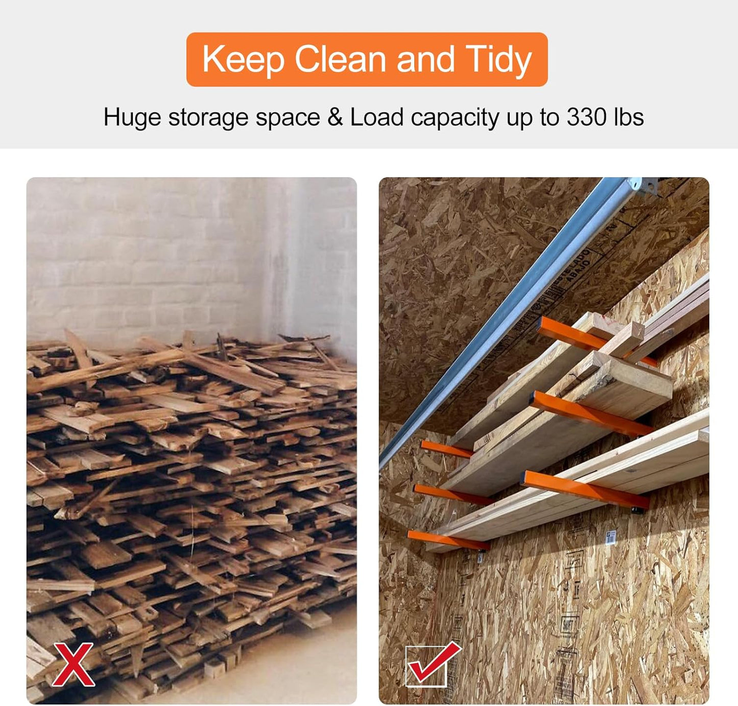 Ultrawall Wall Mount Wood Organizer and Lumber Storage Metal Rack with 3-Level - Indoor & Outdoor Use, 2 Pack