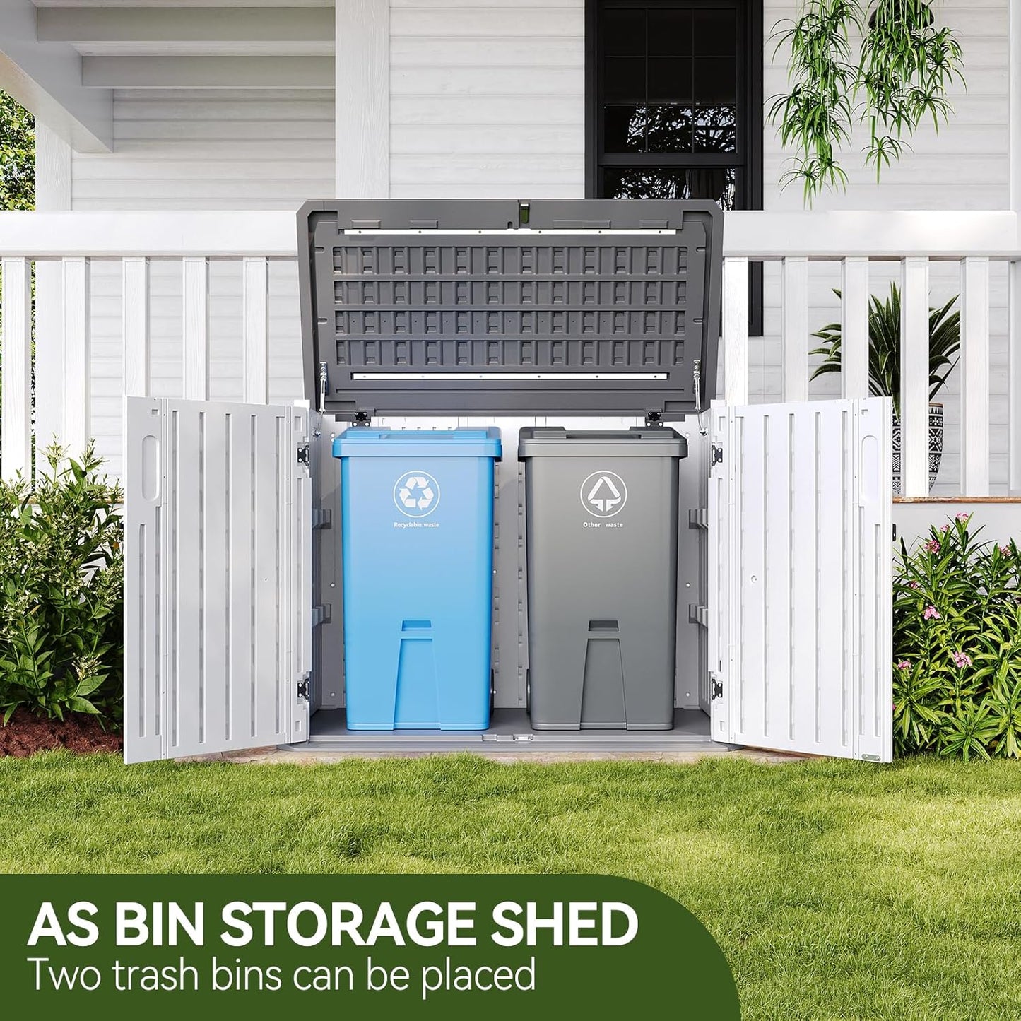 Aoxun Outdoor Storage Cabinet 35 Cu.Ft Outdoor Trash Can Storage Shed Waterproof Horizontal Storage Shed Outdoor Storage for Garbage Bin, Generator, and Lawn Mower (White)