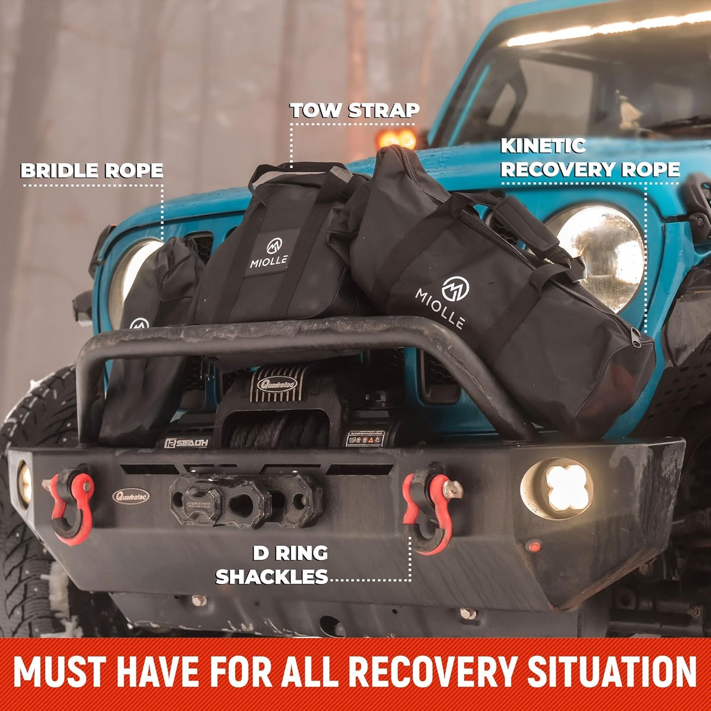 MiolleGear Kinetic Recovery Rope 1" x30' - Heavy Duty Offroad Snatch Strap - Includes 2 Soft Shackle for UTV, ATV, Truck, Car, Jeep, Tractor - Ultimate Recovery Gear