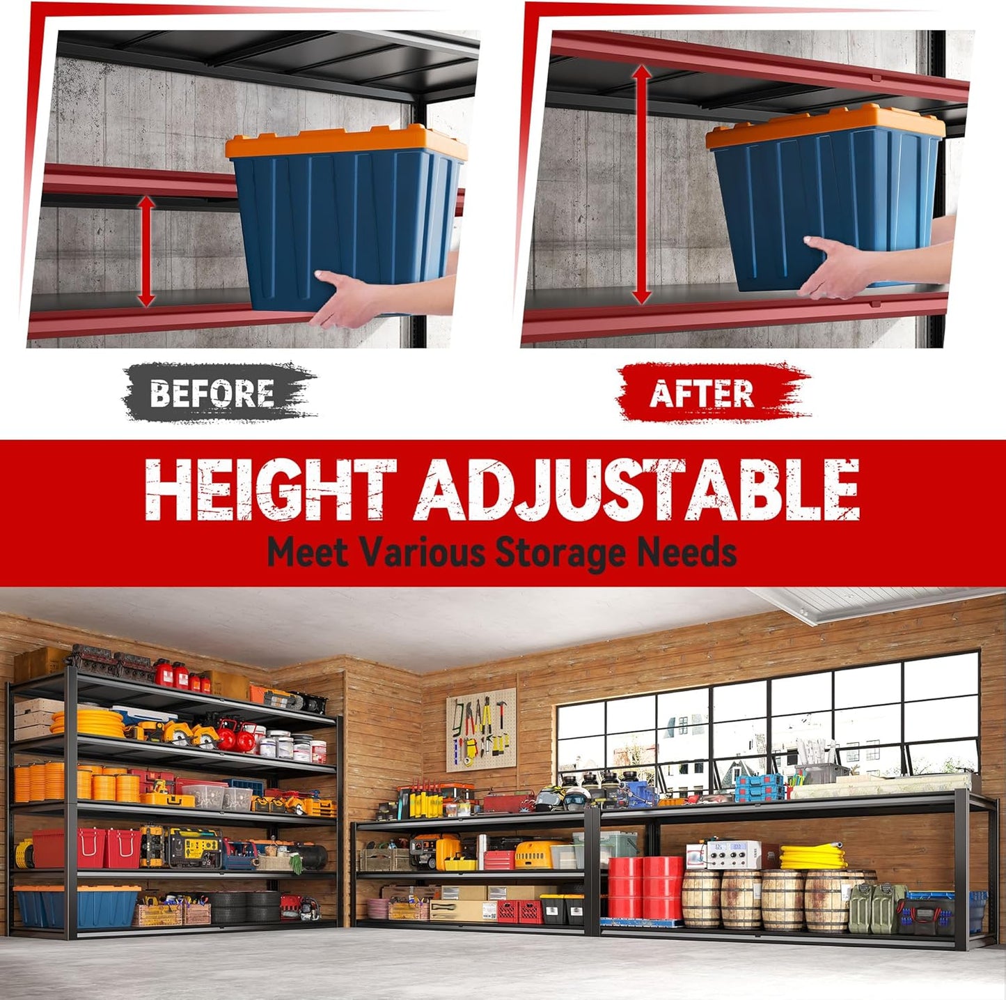 REIBII 78" H Storage Shelves, Garage Shelving Heavy Duty Load 3000LBS, Adjustable Garage Shelving, 5 Tier Metal Shelves Unit for Storage Rack, Basement, 55" W x 26" D x 78" H, Black, 3 Pack