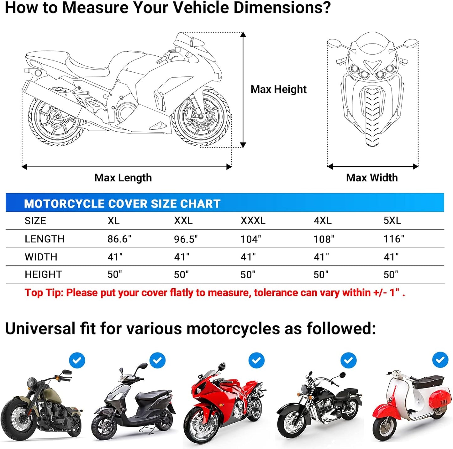 Favoto Motorcycle Cover Universal Heavy Duty Oxford Fabric with Lock-Hole 3 Night Reflectors Windproof Buckles Carrying Bag Waterproof Rain Dust Sun Outdoor Protection, Black-Orange, 104 inch