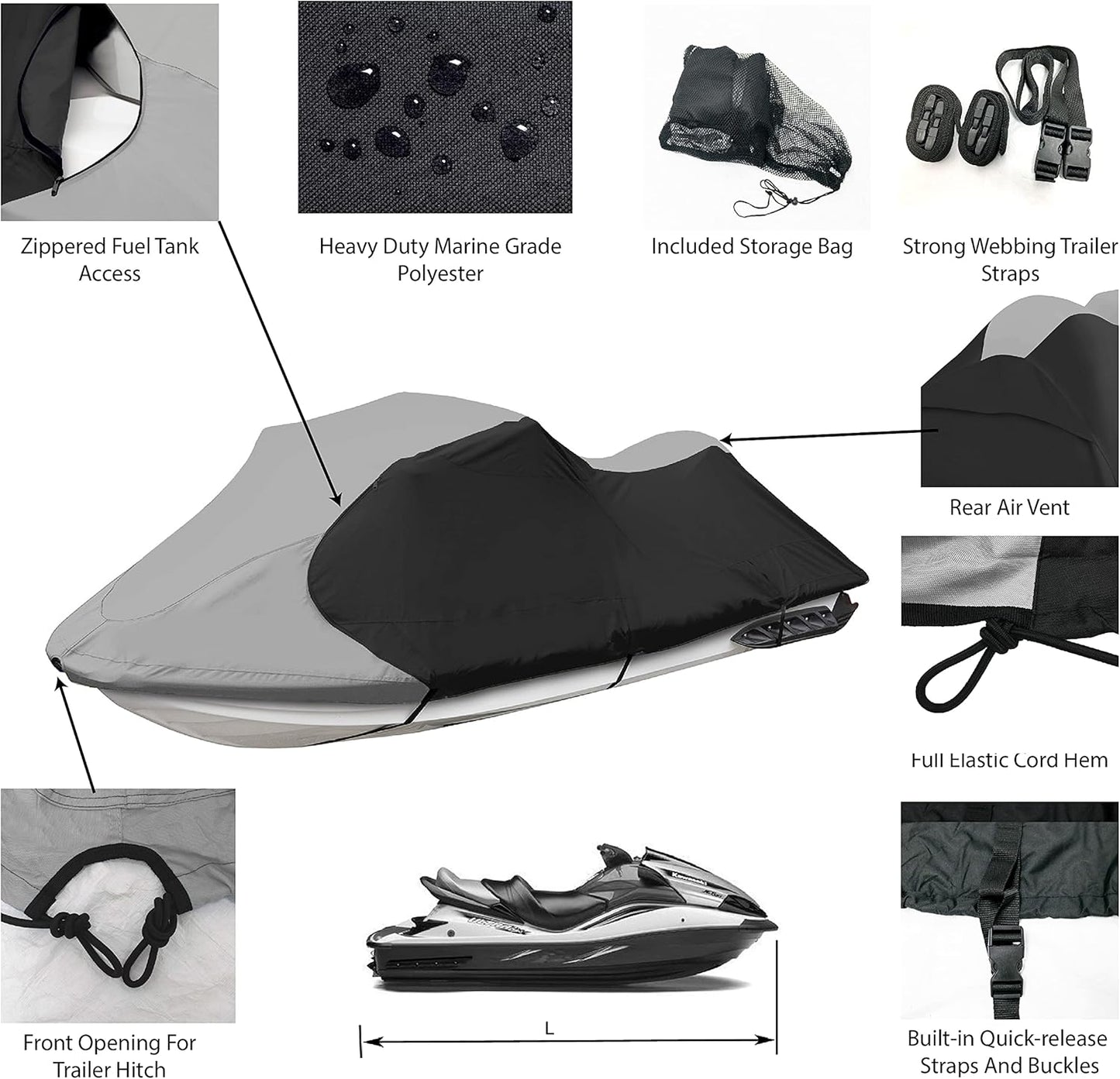 Trailerable Jet Ski Cover, Waterproof Marine Grade 600D Heavy Duty Polyester PWC Cover Gray/Black Color Fits from 136" to 145" 3 Seater