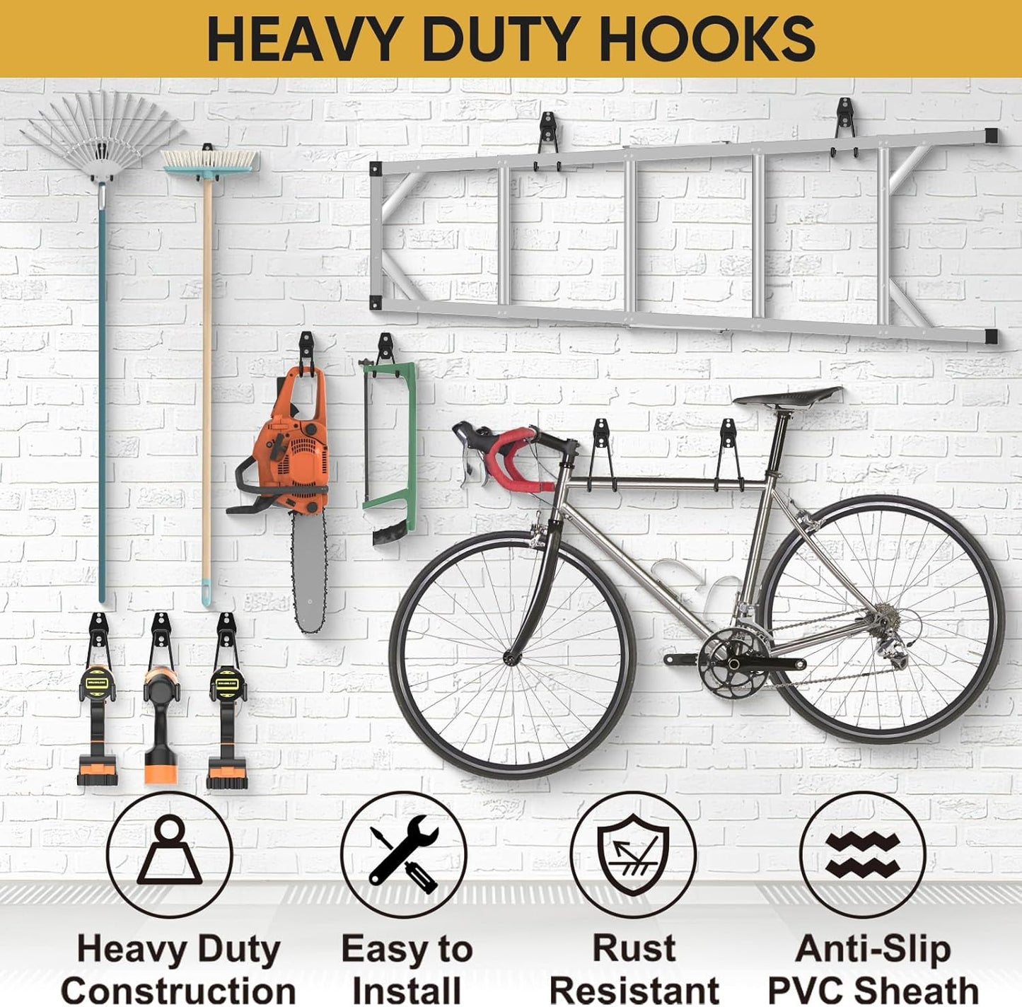 TICONN 12 Pack Heavy Duty Garage Hooks, Steel Utility Wall Storage Hooks, Wall Mount Hanger Organizer for Ladders, Bikes, Tools, Bulky Items (Set, Black)