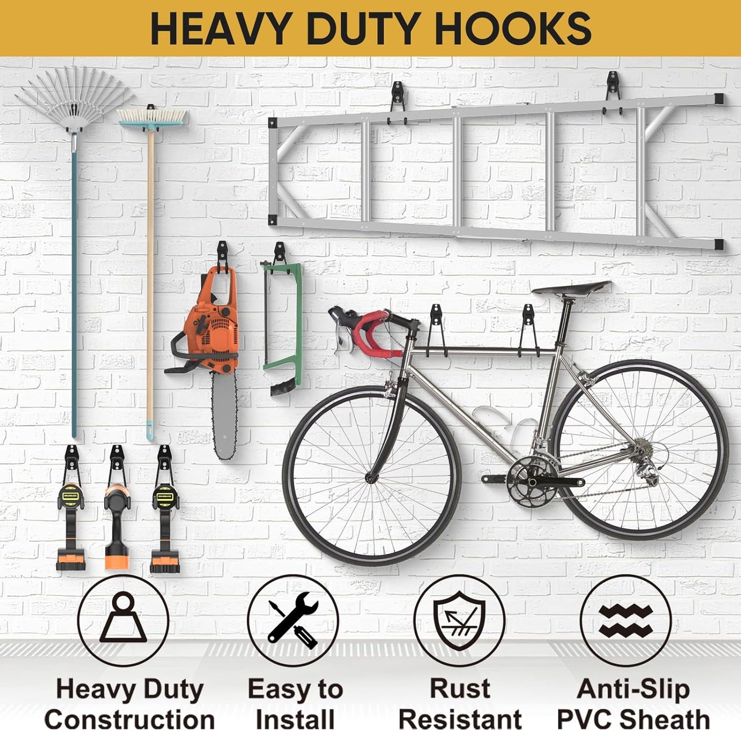 TICONN 2 Pack Heavy Duty Garage Hooks, Steel Utility Wall Storage Hooks, Wall Mount Hanger Organizer for Ladders, Bikes, Tools, Bulky Items (Medium, Yellow Square)