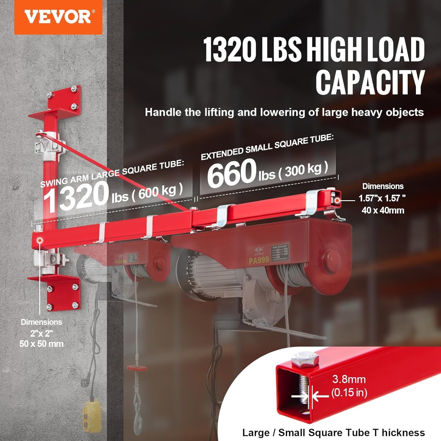 VEVOR Wall Mount Jib Crane, 1320 lbs Max Load Capacity Electric Scaffolding Lift, Electric Hoist Holder Swing Arm with Pole, Steel Hoist Frame, 180° Swivel Scaffold Lifting Arm for Electric Hoist