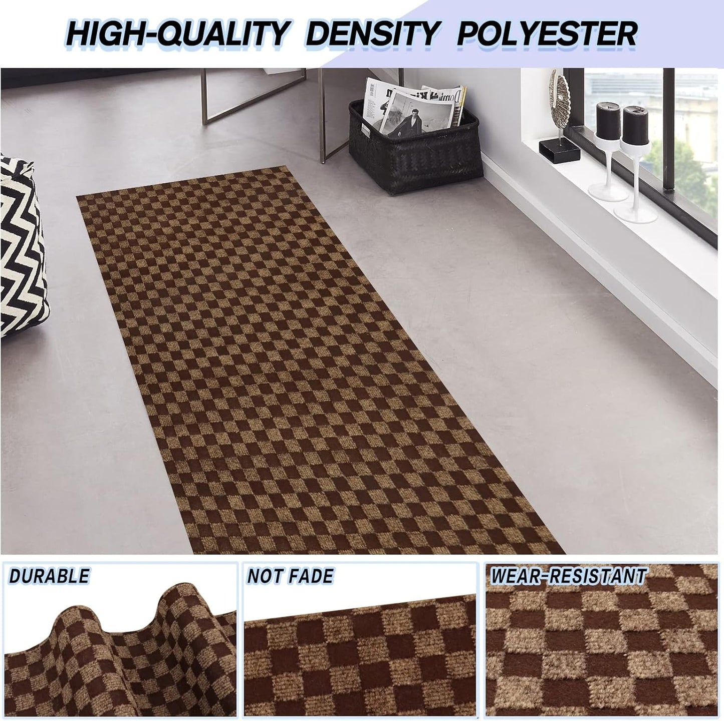 Custom Size Backed Non-Slip Area Rugs Runner, Easy Clean, Waterproof Runner Rugs for Hallway Entryway, Kitchen, Laundry, 3FT x 82FT, Brown Checkered