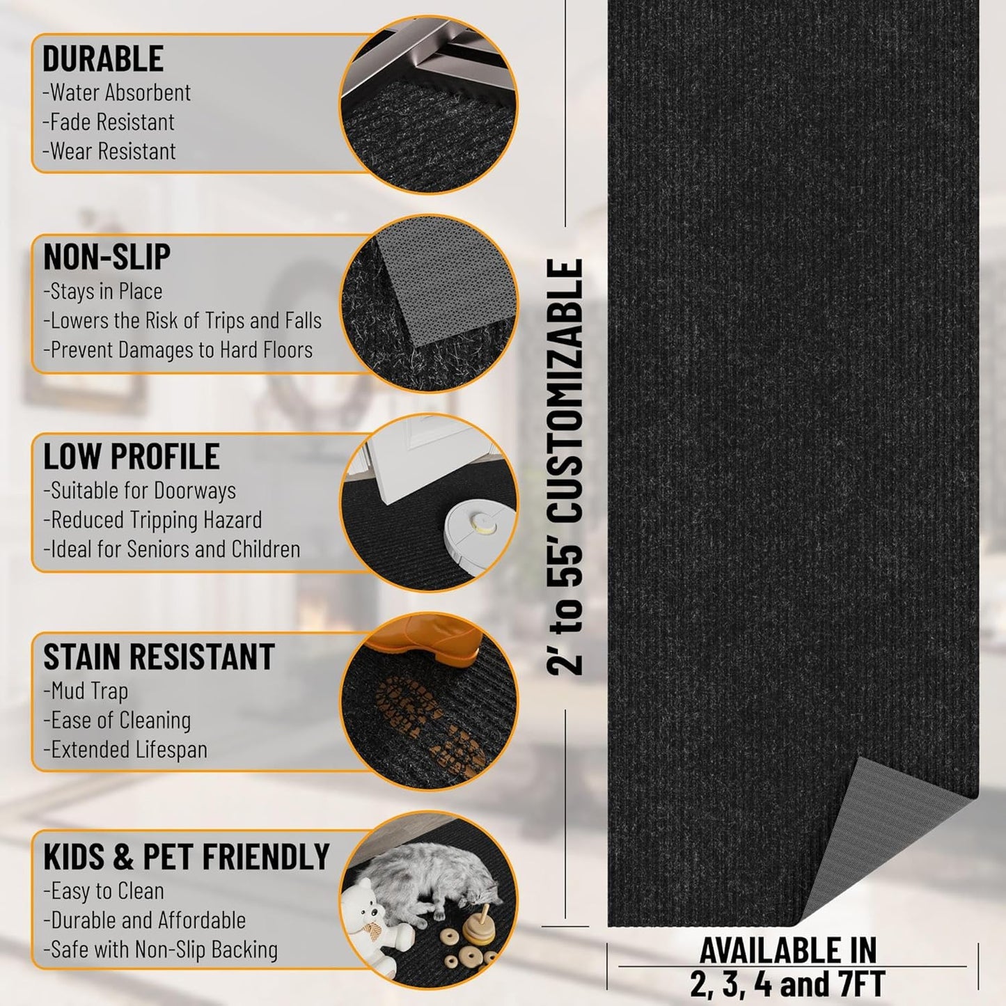 Ottomanson 3'11" x 24' Hallway Runner with Scraper Pile - Extra Durable Non-Slip Rug Mat for Indoor & Outdoor Use - Ideal for Kitchen, Entryway & Garage - High-Traffic Carpet, Black