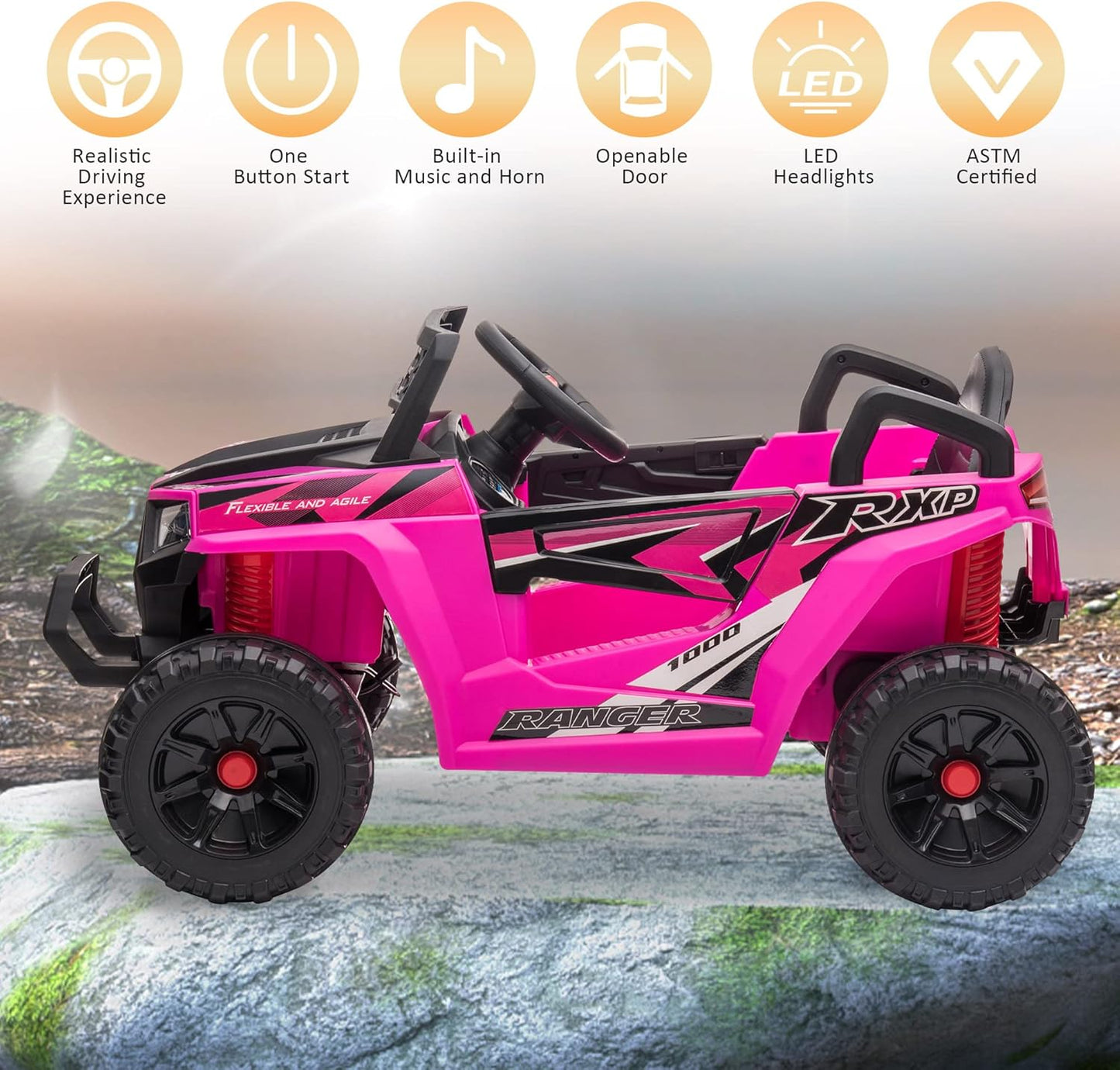 TOBBI 12V Kids Ride on Car, Electric Off-Road UTV Truck with Diverse Functions, Double Open Doors, Safety Belt, Horn, Music, and Lights for Kids Aged 3-5 Years (Rose Red)