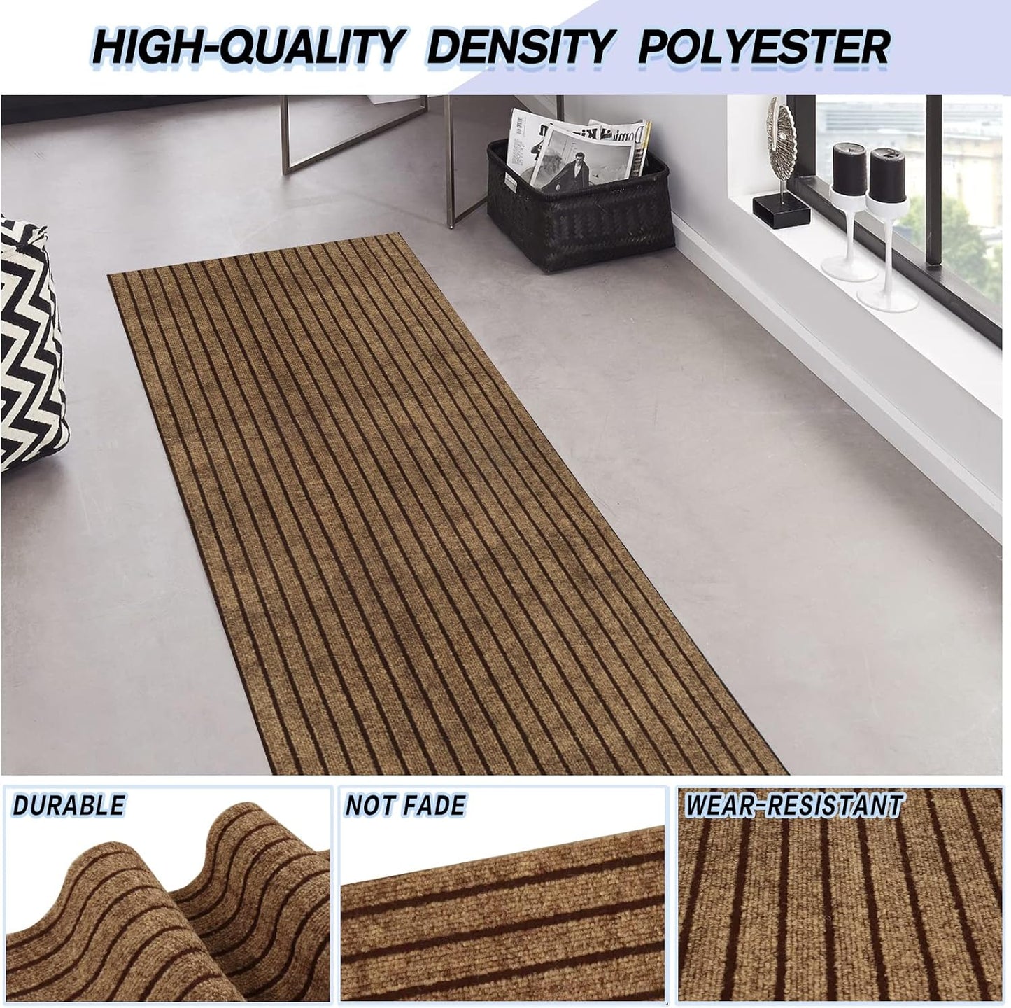 Custom Size Backed Non-Slip Area Rugs Runner, Easy Clean, Waterproof Runner Rugs for Hallway Entryway, Kitchen, Laundry, 4FT x 12FT, Brown Stripe