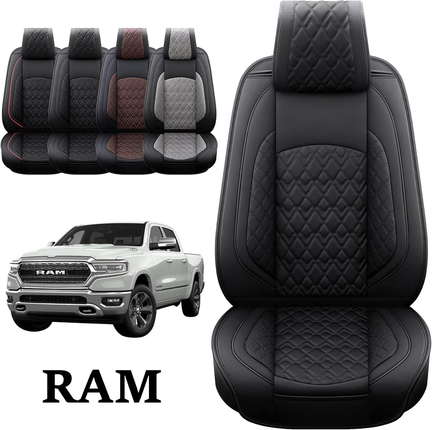 JOJOBAY Car Seat Covers for Dodge Ram Full Set,Fit Ram 2009-2023 1500/2500/3500 Pick-up Truck,Crew,Regular,Quad,Mega Cab,Waterproof Leather Seat Covers Protectors（5 PCS Full Set,Black）