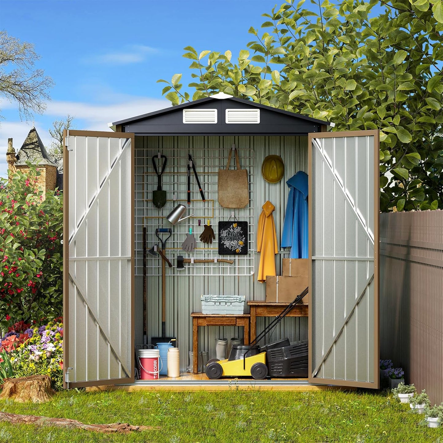 3X5FT Outdoor Steel Storage Shed with Lockable Doors, One Window,Ideal for Garden, Backyard, Patio Storage,Brown