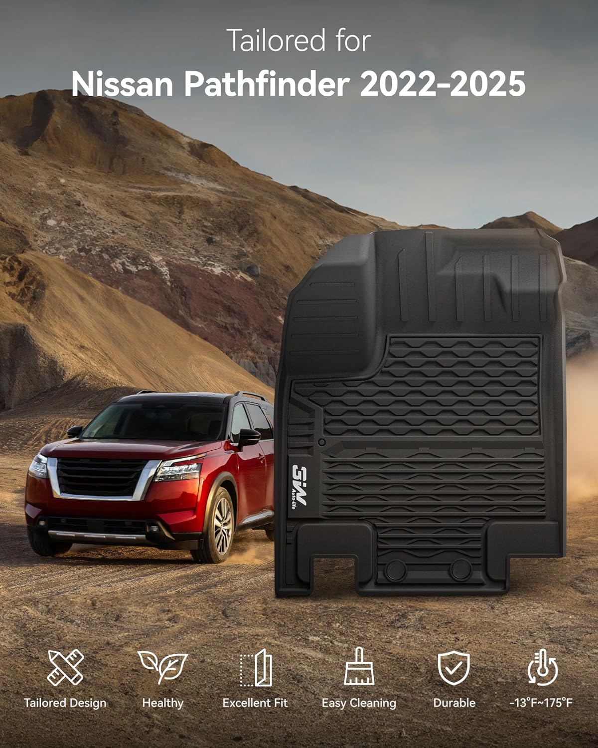 3W Floor Mats for Nissan Pathfinder 2022 2023 2024 2025 (Only fit 8 Passenger Models), 3 Rows,TPE All Weather Protection Car Floor Liners Accessory,Black