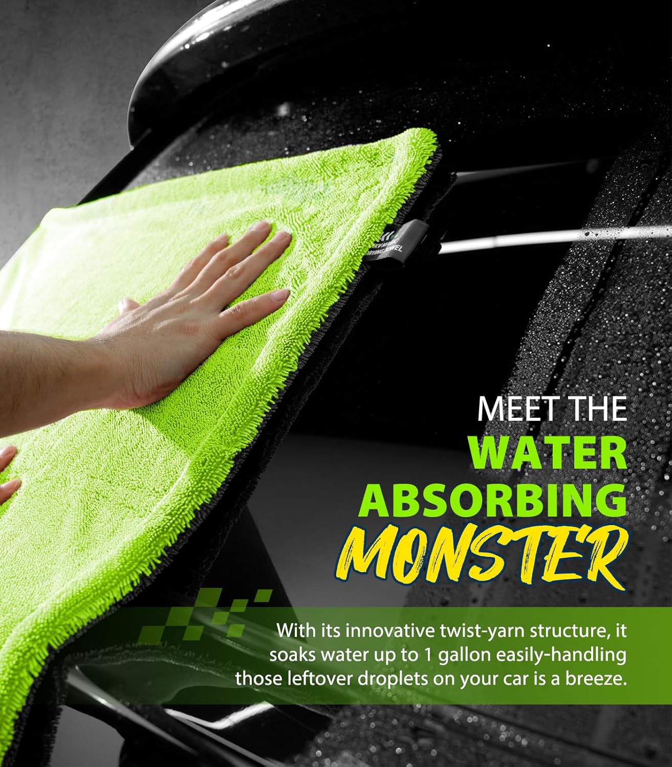 KKV Full-Sized SUV Drying Towel, 48”x24” Dual Sided Microfiber Car Cleaning Towel with Twisting Yarn Technique, 1400GSM Super Absorbent, Scratch-Free, Machine Washable (Darkgray-GreenYellow)