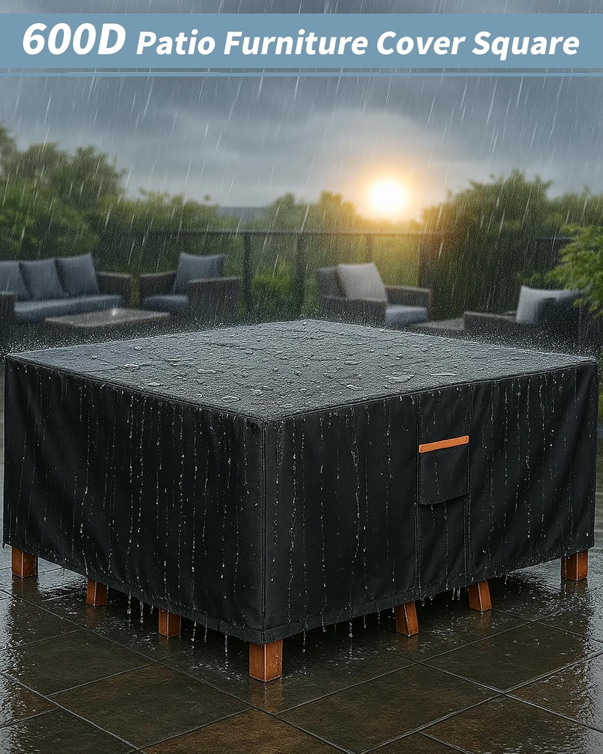 Outdoor Waterproof Furniture Cover, 86W x 86L x 28H inches Heavy Duty 600D Square Table and Chair Set Protection, Black