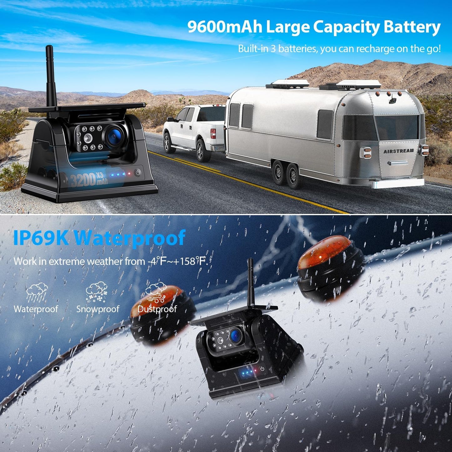 4 Magnetic Solar Wireless Backup Camera HD1080P 7" DVR Monitor, 3Mins No-Wire Installation, 9600mAh Solar Rechargeable Rearview RV Backup Cameras Wireless for Trailer RV Trucks, BL704